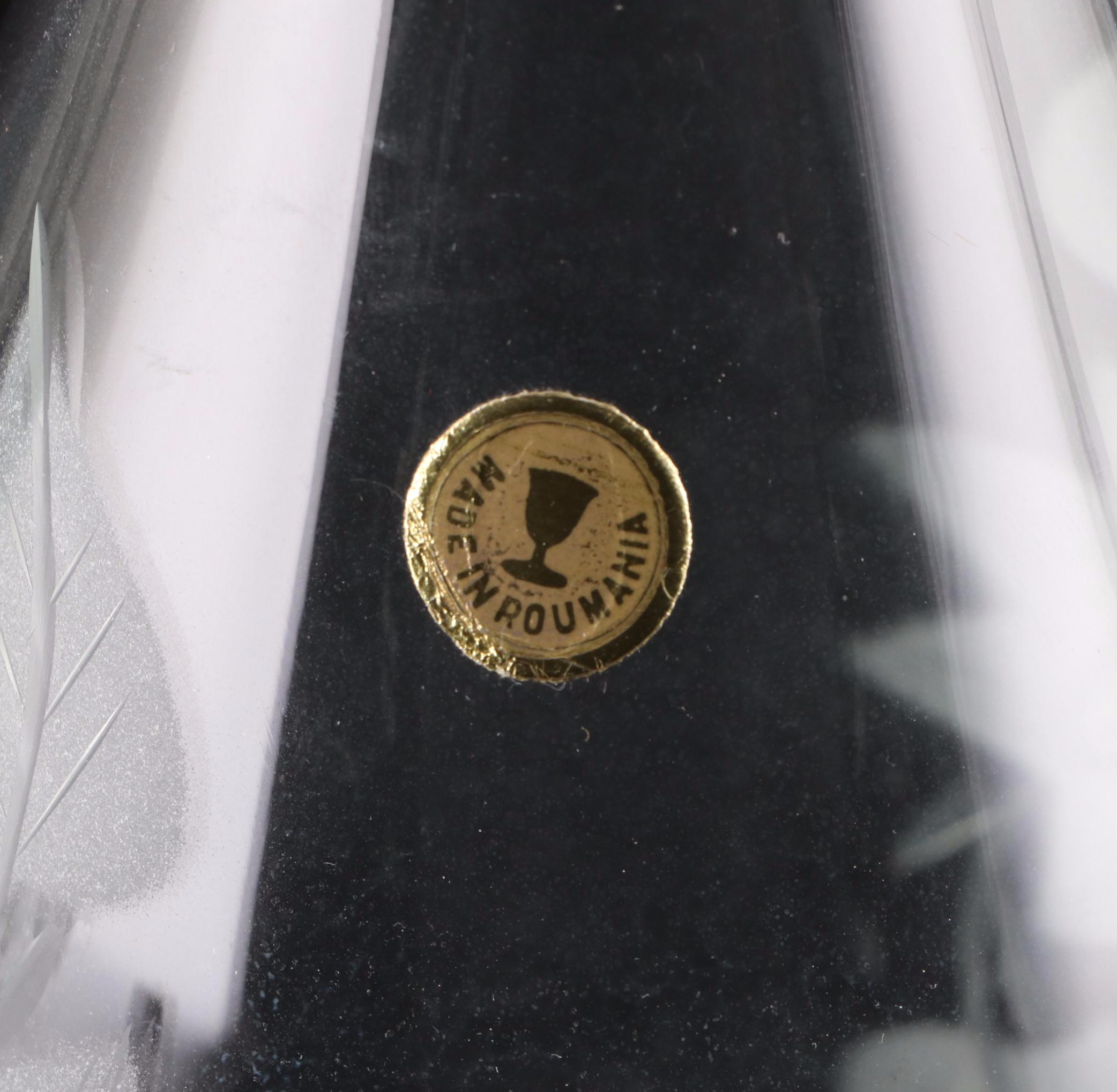 Romanian Acid Etched and Cut Crystal Decanter and Wine Glasses with Liqueur Set