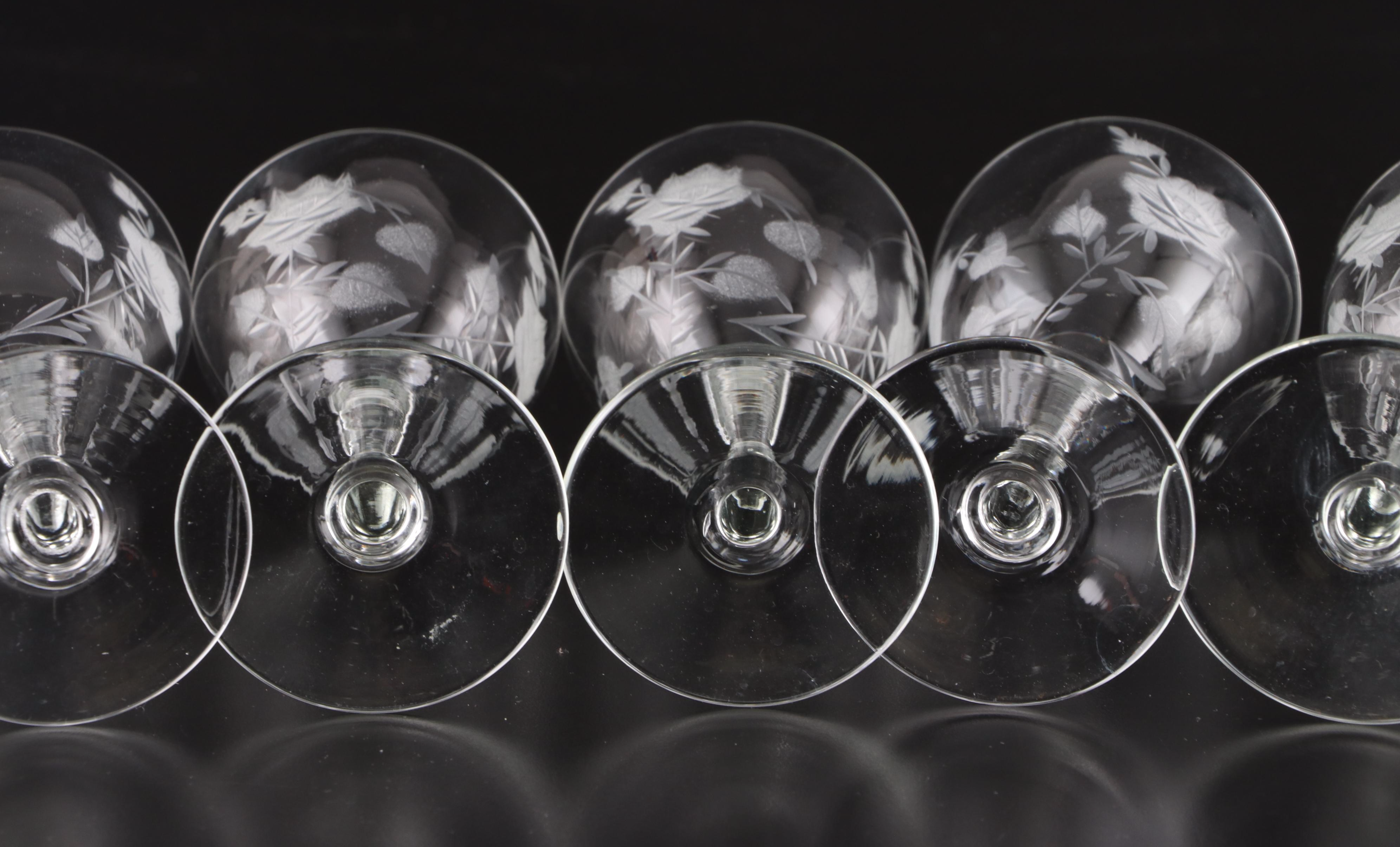 Romanian Acid Etched and Cut Crystal Decanter and Wine Glasses with Liqueur Set