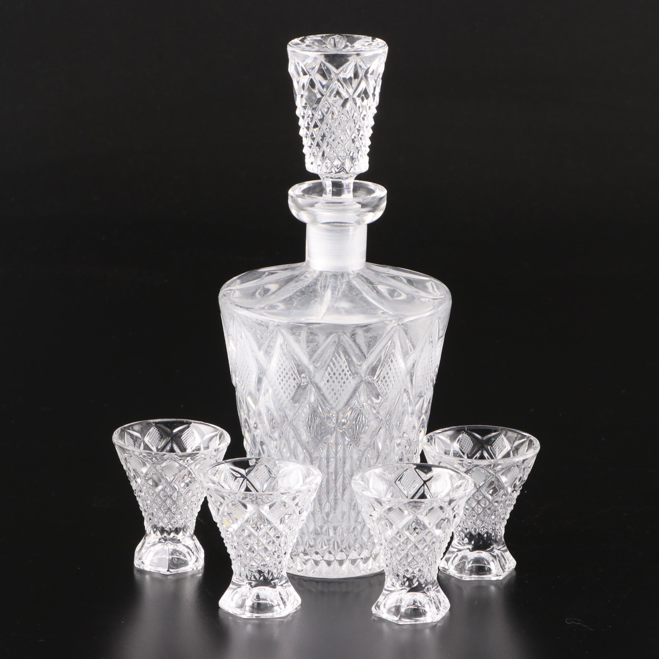 Romanian Acid Etched and Cut Crystal Decanter and Wine Glasses with Liqueur Set