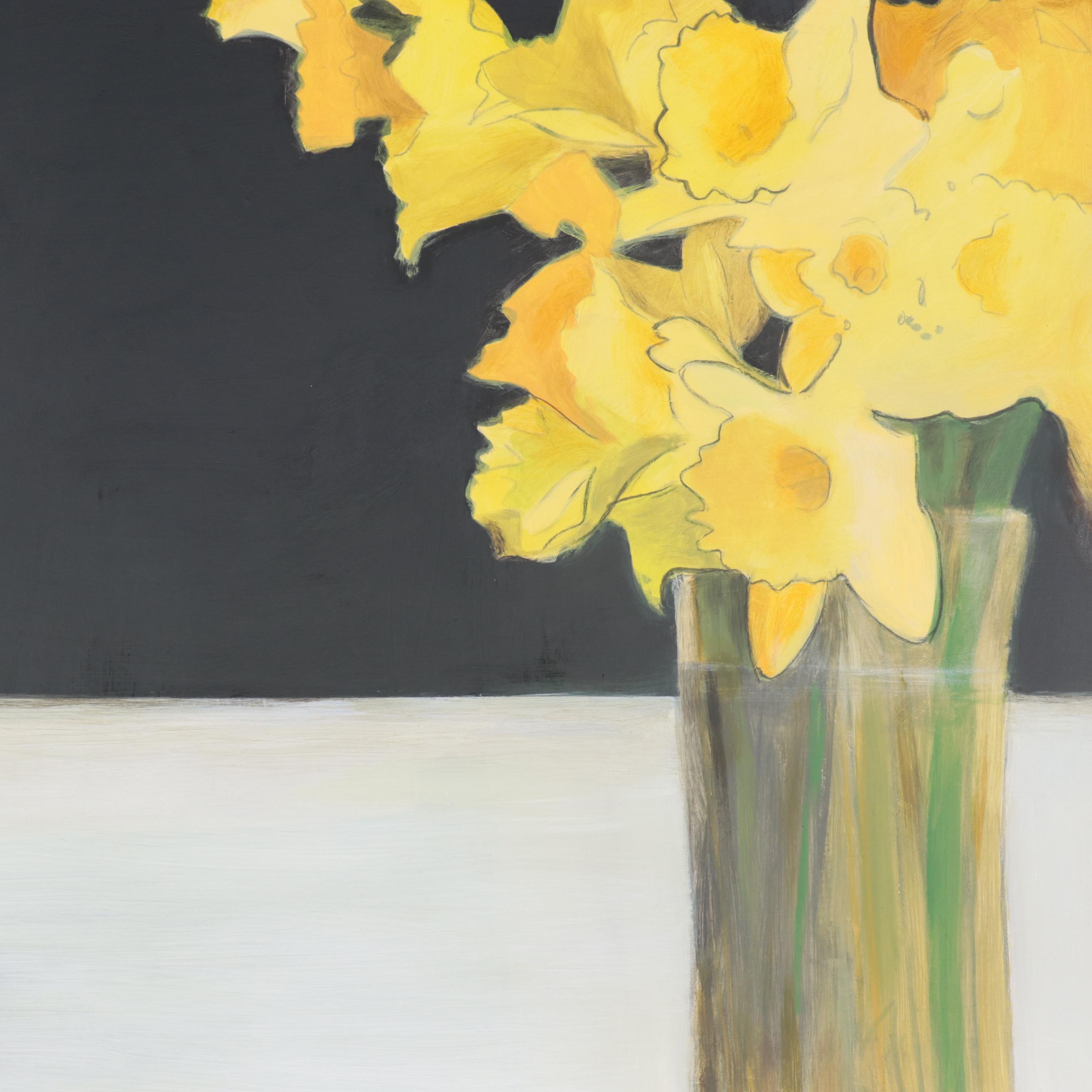 Ursula Brenner Daffodil Still Life Mixed Media Painting, 21st Century
