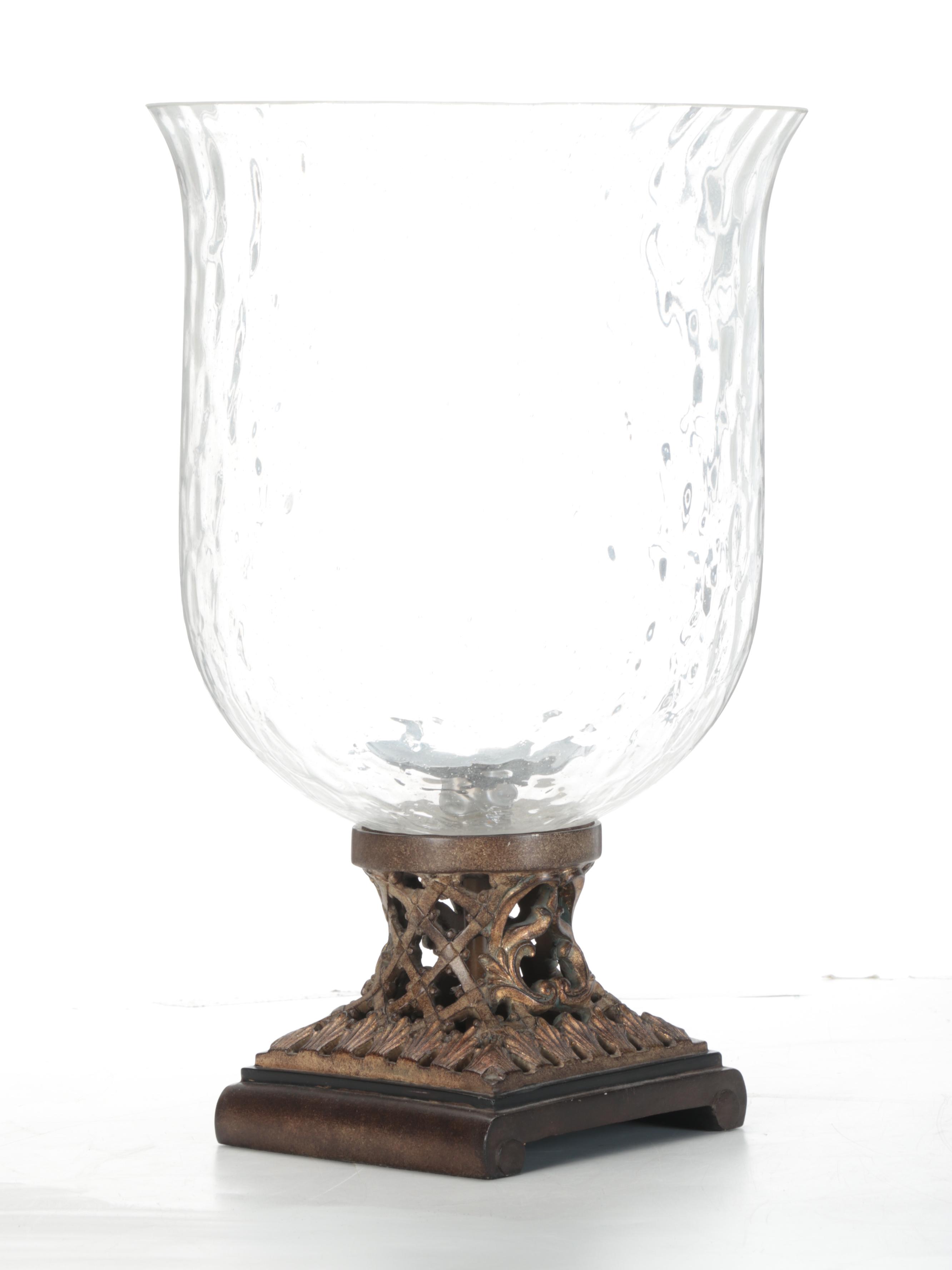 Patinated Composite and Metal Candle Holders with Blown Glass Hurricanes