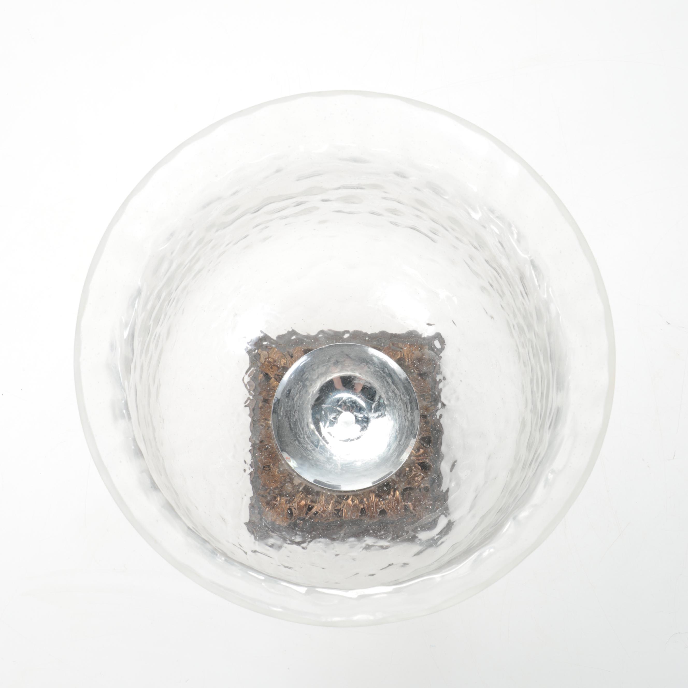 Patinated Composite and Metal Candle Holders with Blown Glass Hurricanes