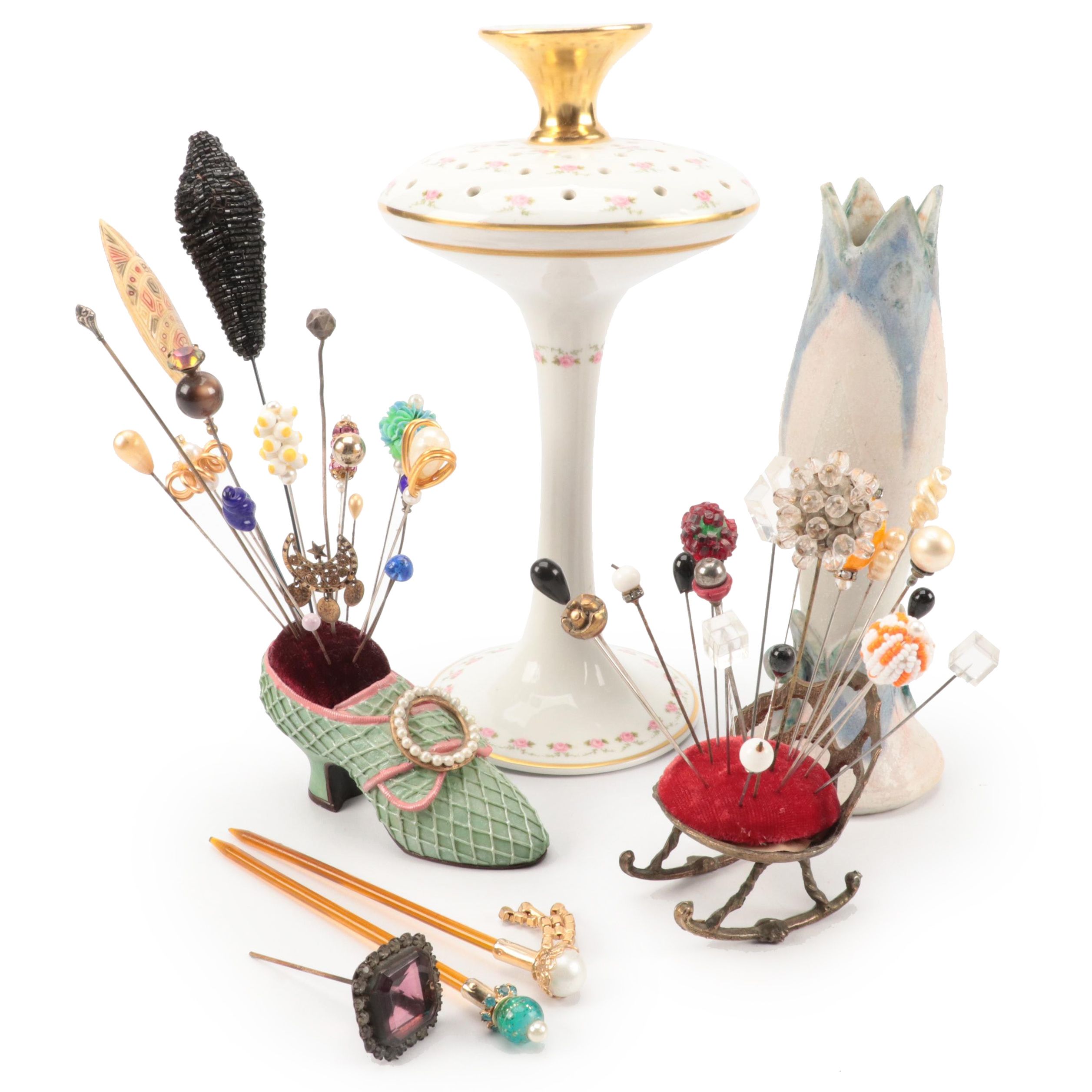 M de Mavaleix Limoges with Other Hatpin Holders and Bud Vase