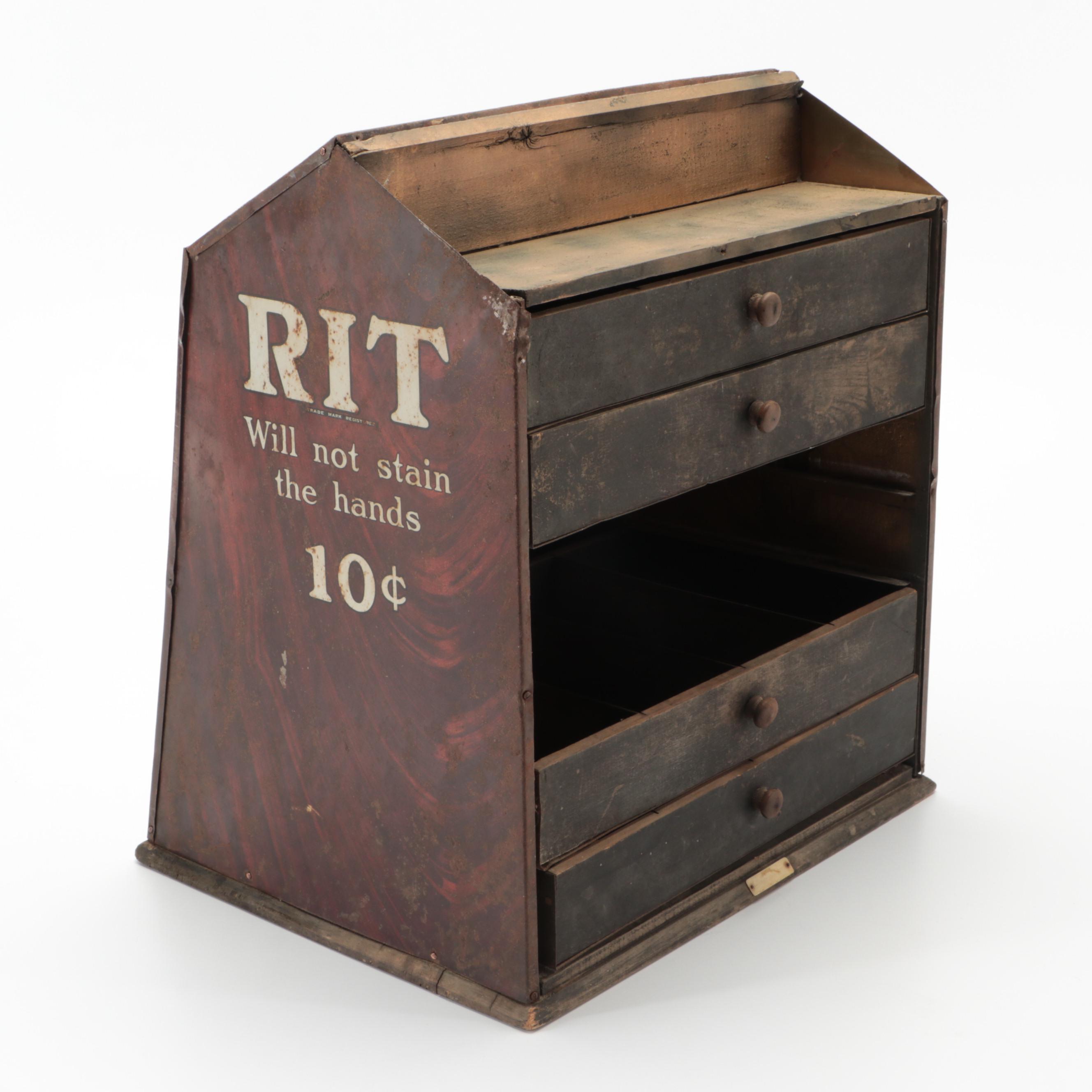 Rit Dye Tin Litho and Wood Store Display Cabinet, Early 20th Century