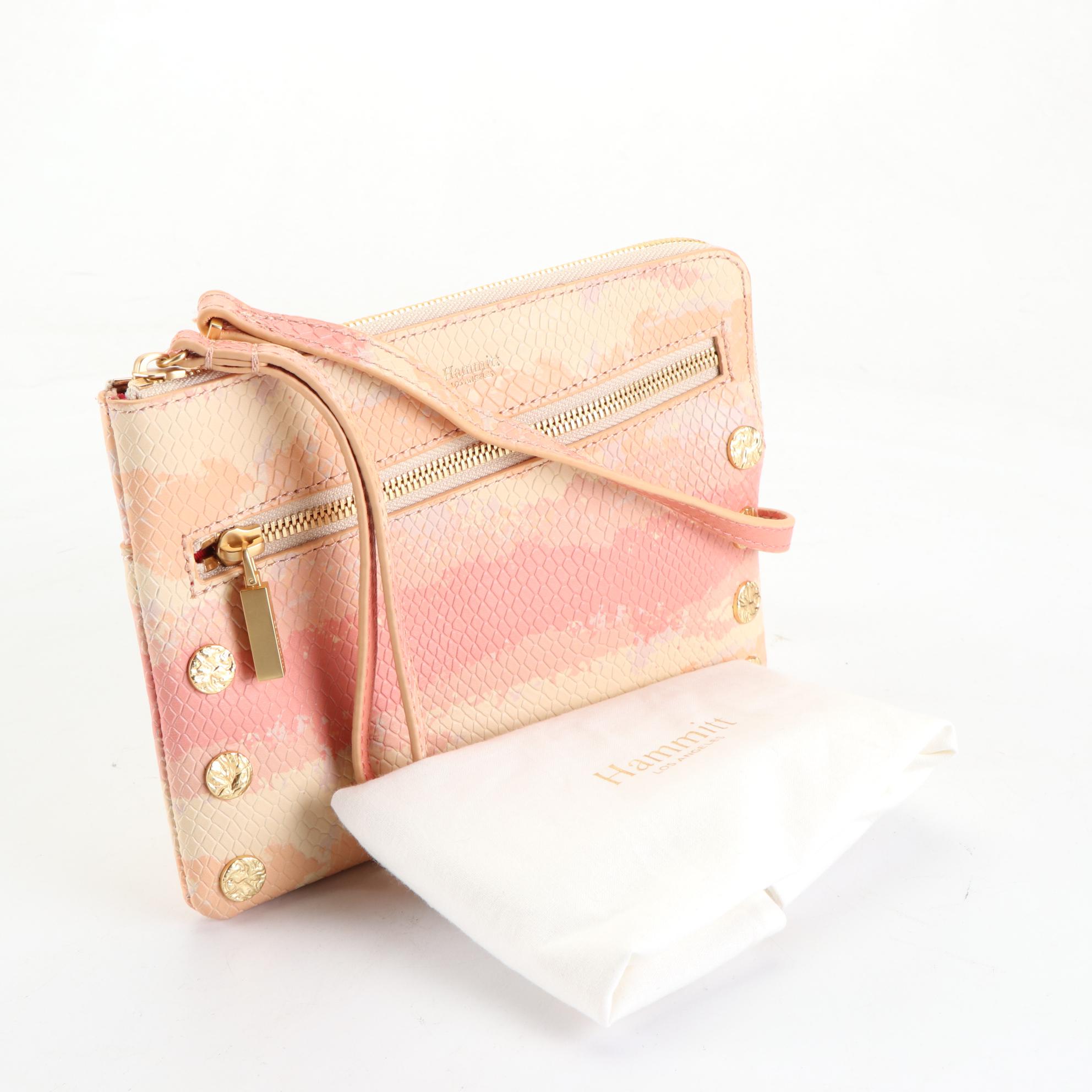 Hammitt Small Nash Wristlet Bag with Crossbody Strap in Pink Embossed Leather