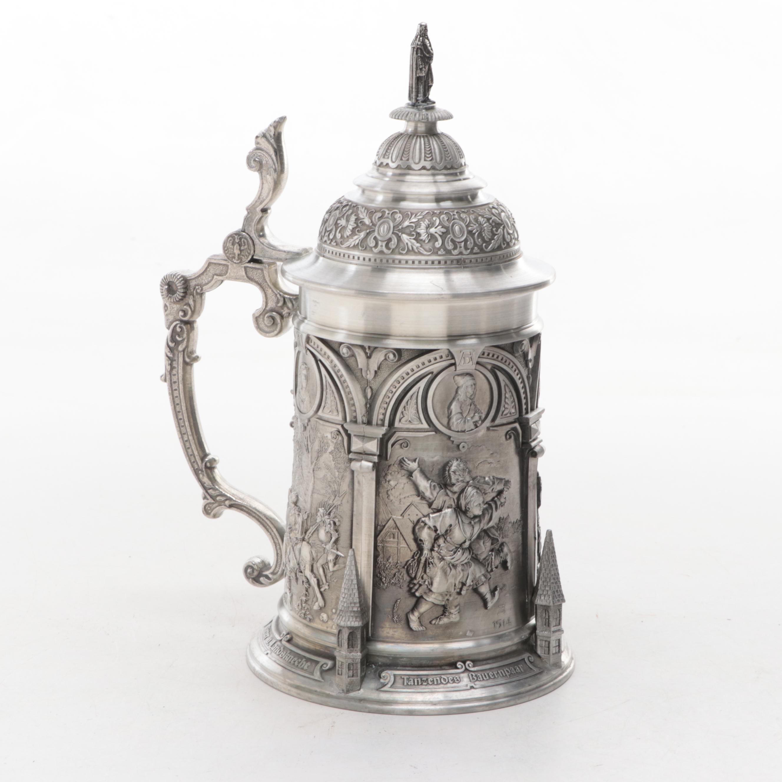 German Pewter Beer Stein with Genre Scenes