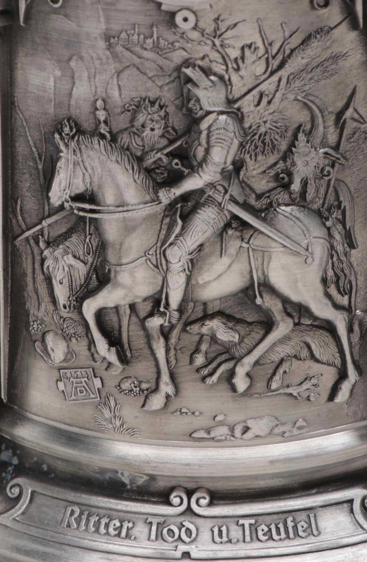 German Pewter Beer Stein with Genre Scenes