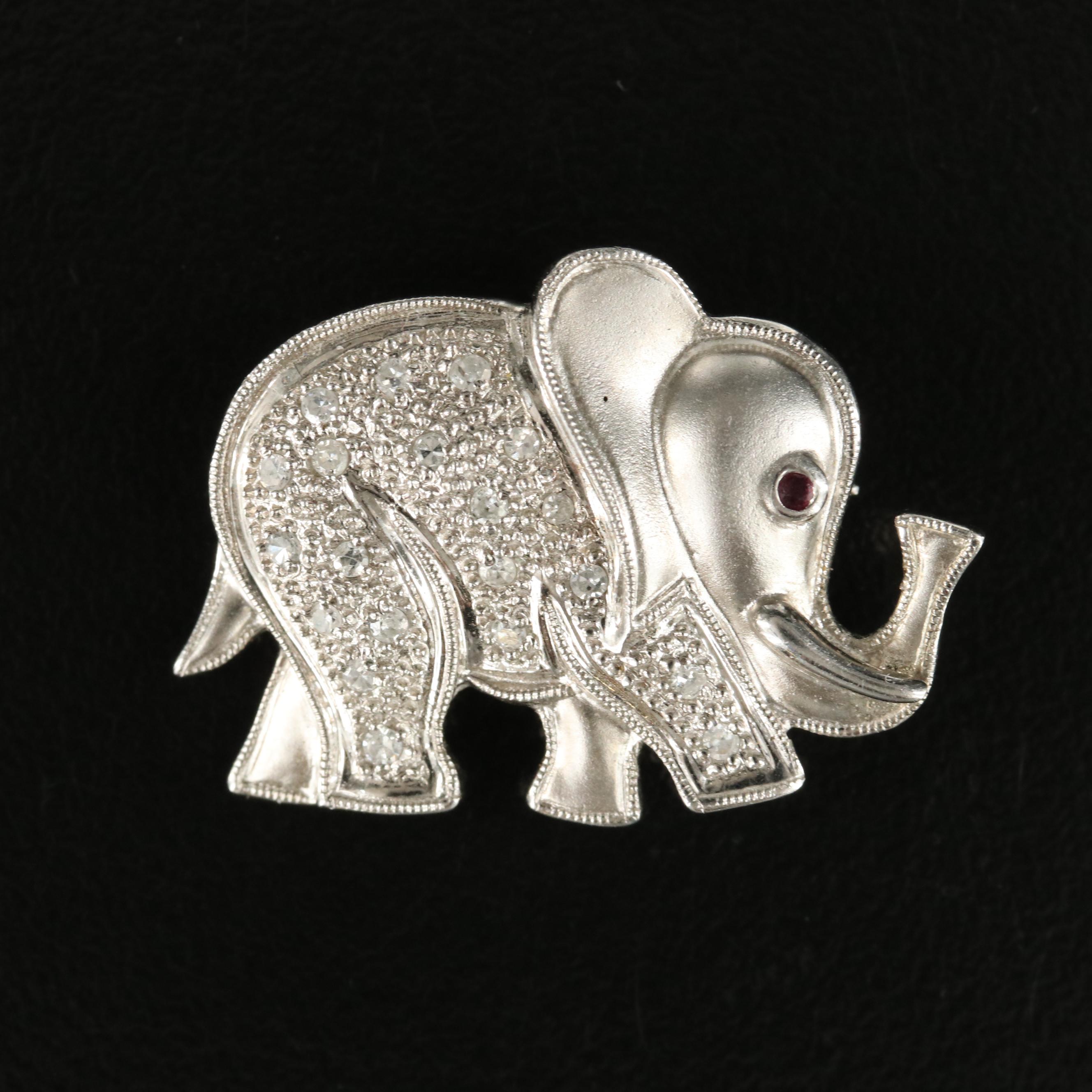 14K Diamond and Ruby Elephant Brooch