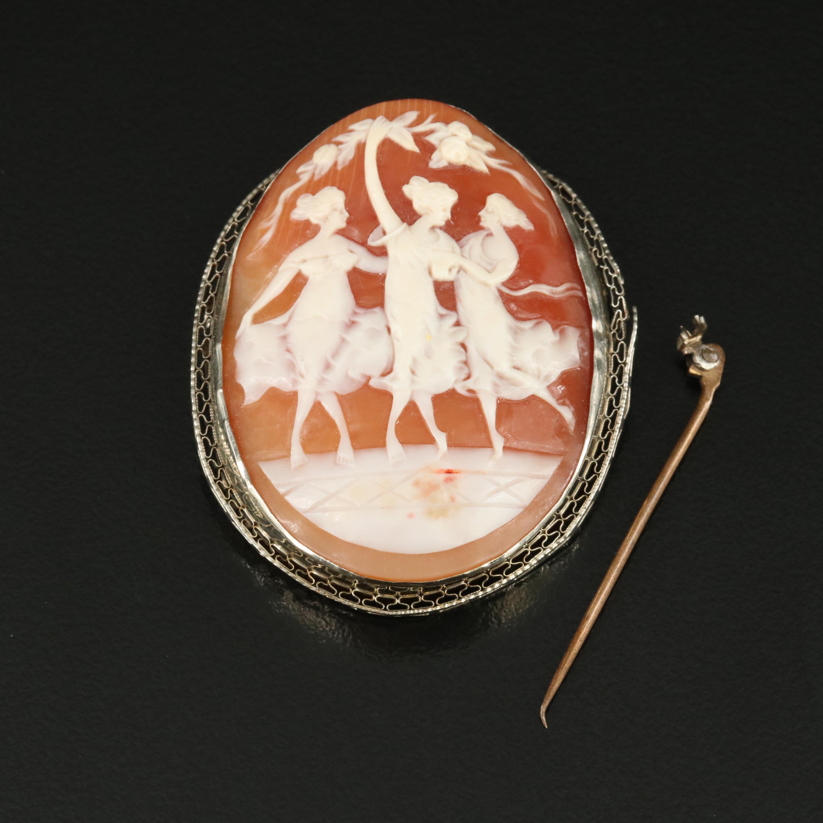 14K Carved Shell Three Graces Brooch