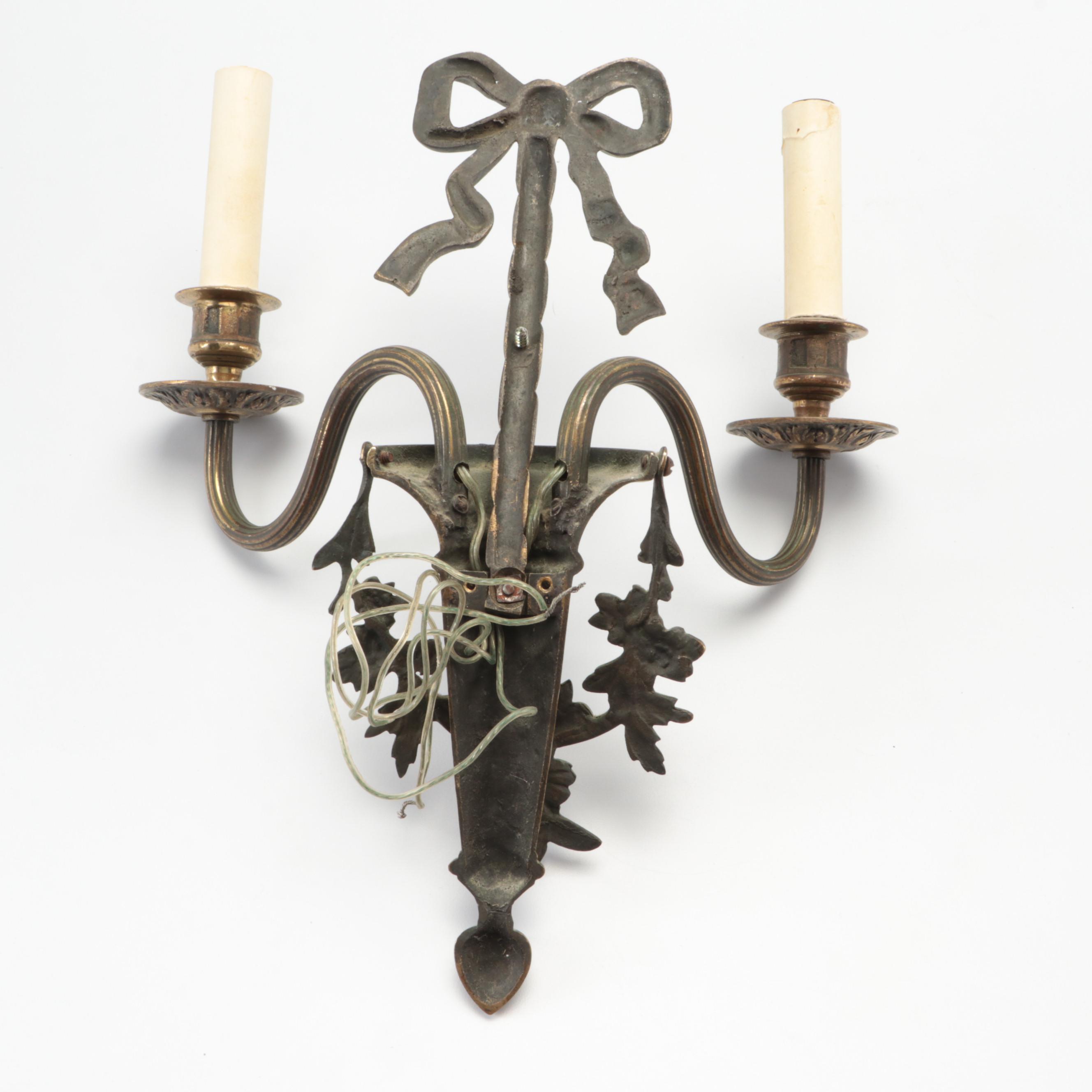 Pair of Brass Ribbon Double Sconces with Brass Ribbon and Tassel Picture Holder