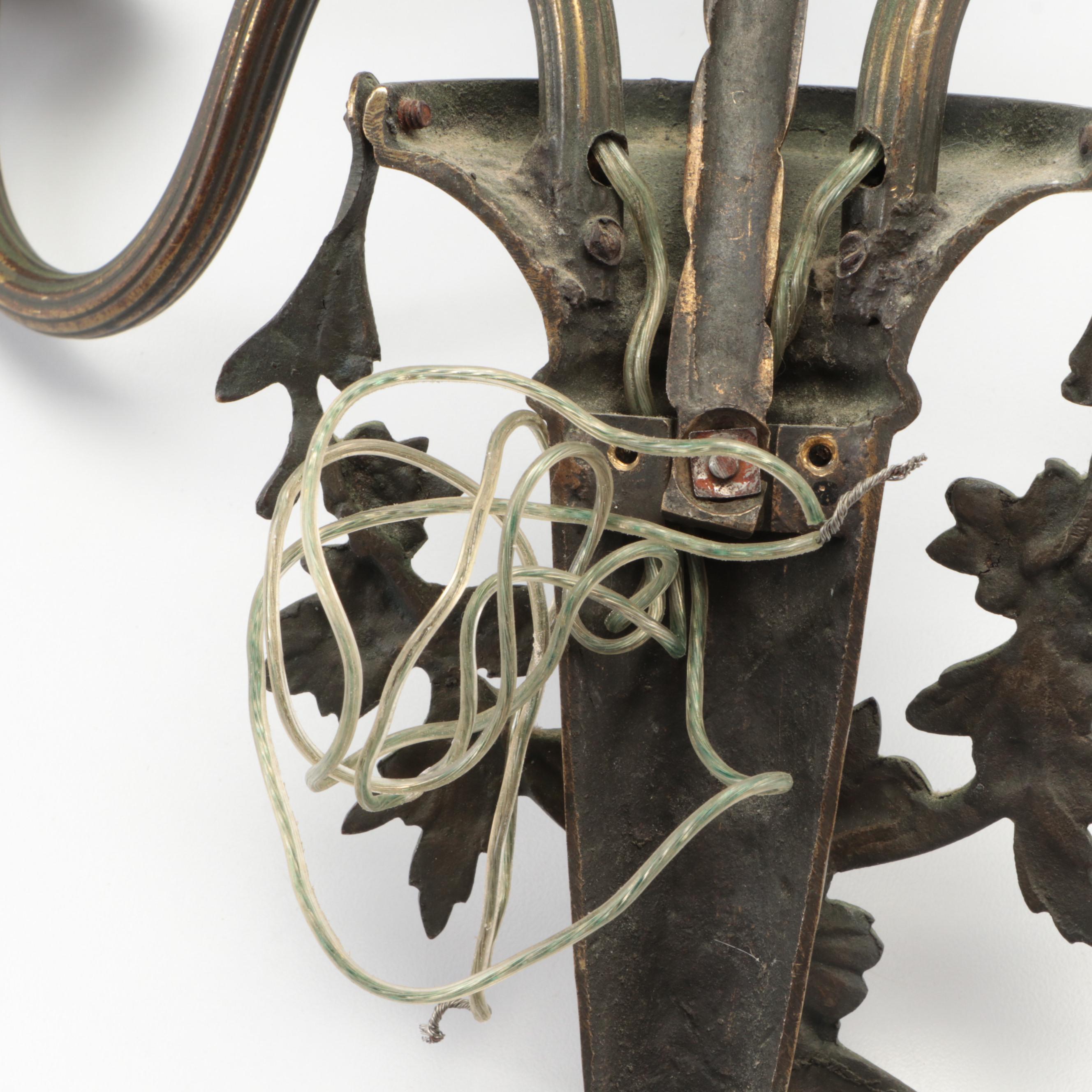 Pair of Brass Ribbon Double Sconces with Brass Ribbon and Tassel Picture Holder