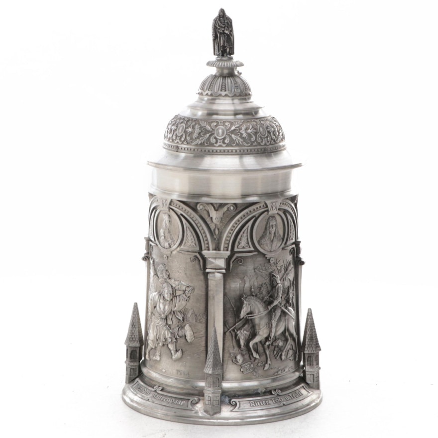 German Pewter Beer Stein with Genre Scenes