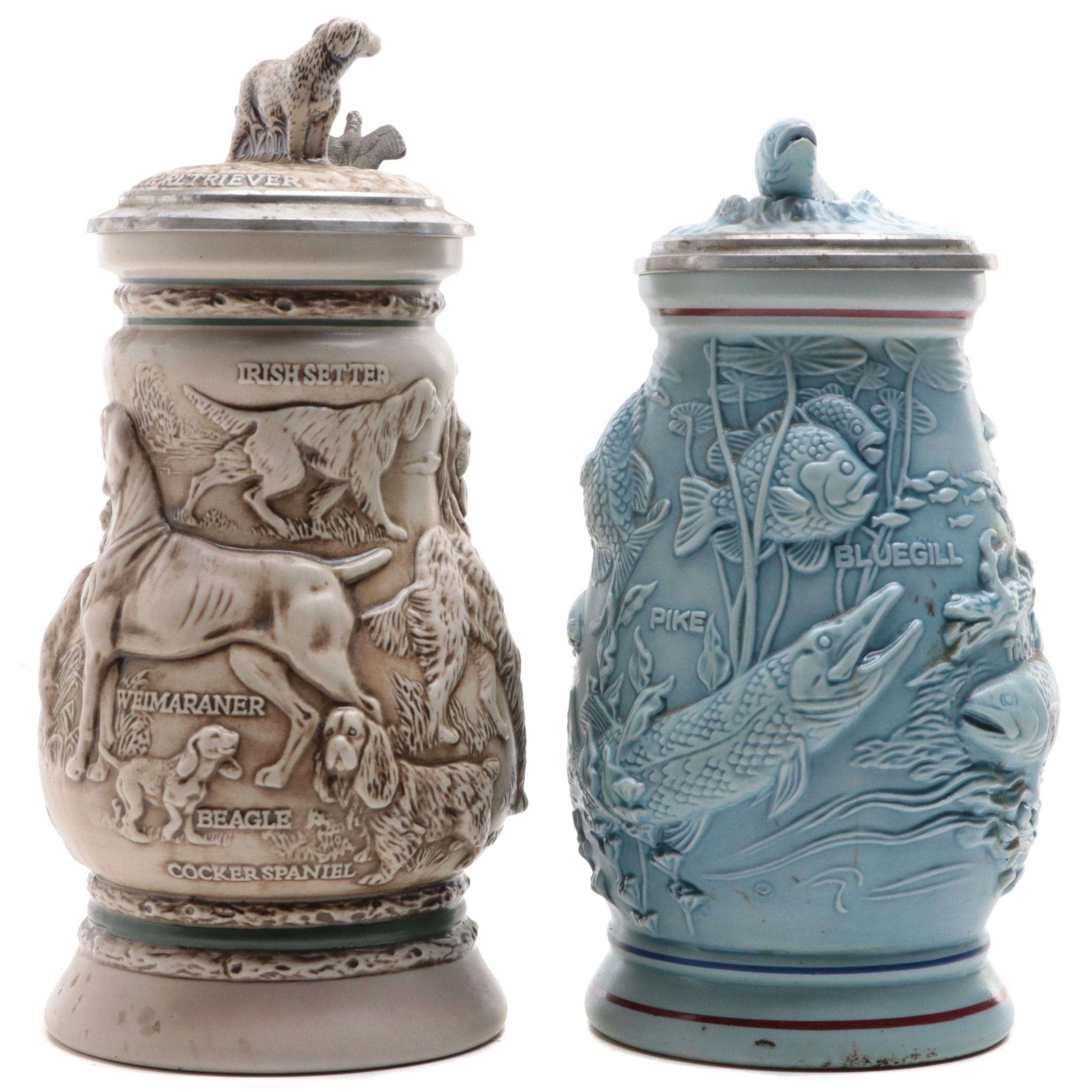 Avon "Great Dogs of the Outdoors" and "Freshwater Fishing" Ceramic Beer Steins