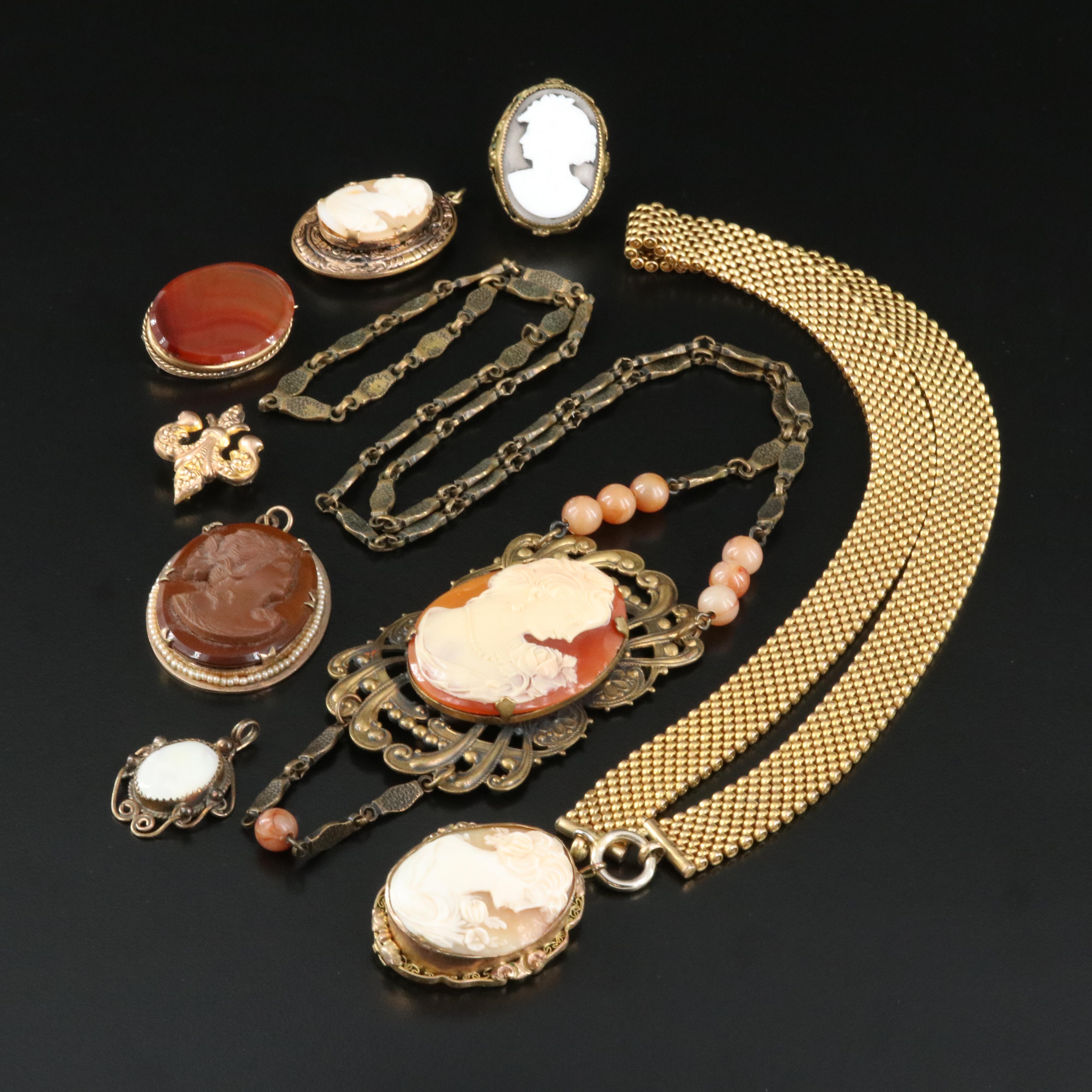 Cameo and Fleur-de-Lis Grouping Including Vintage, Antique, Shell and Agate