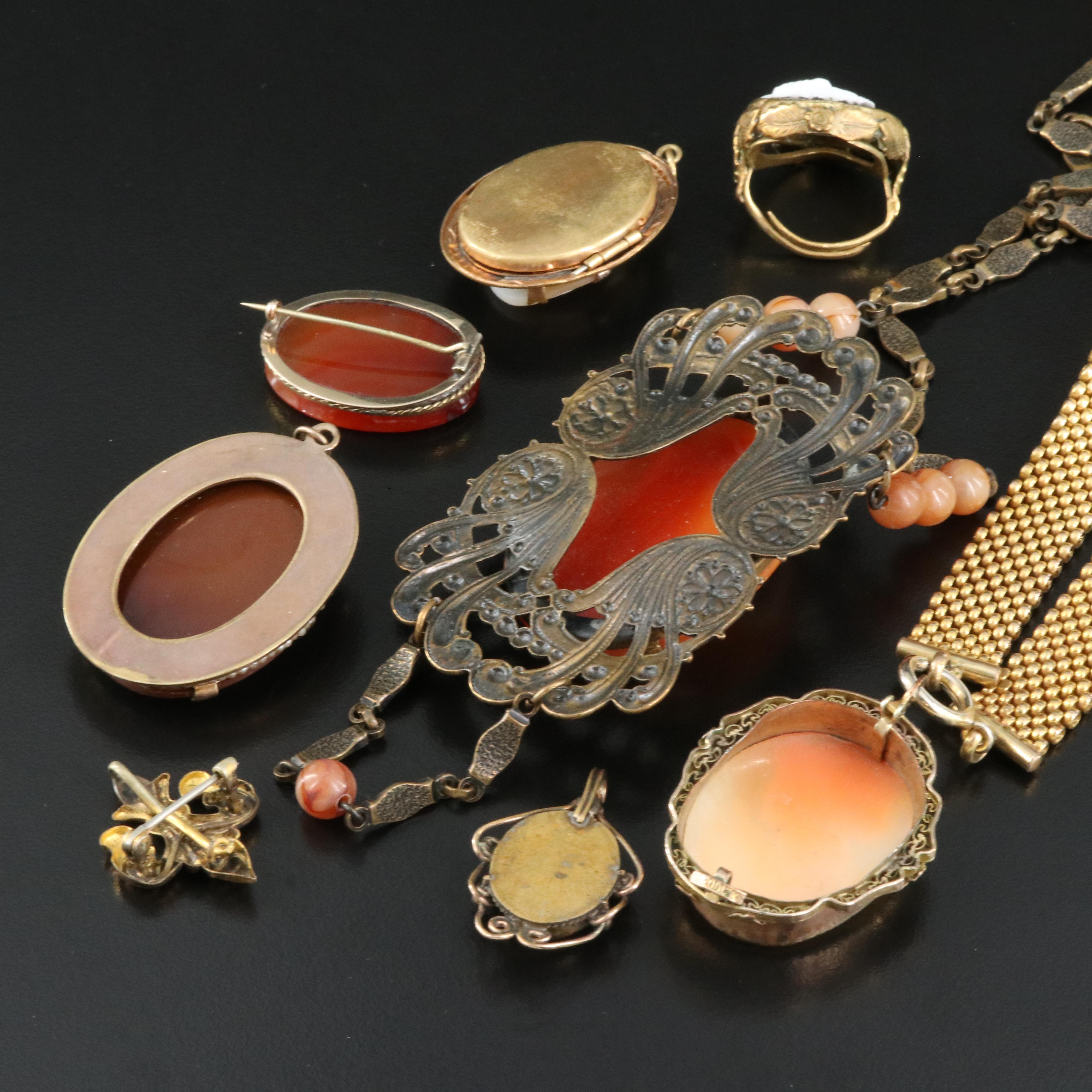 Cameo and Fleur-de-Lis Grouping Including Vintage, Antique, Shell and Agate