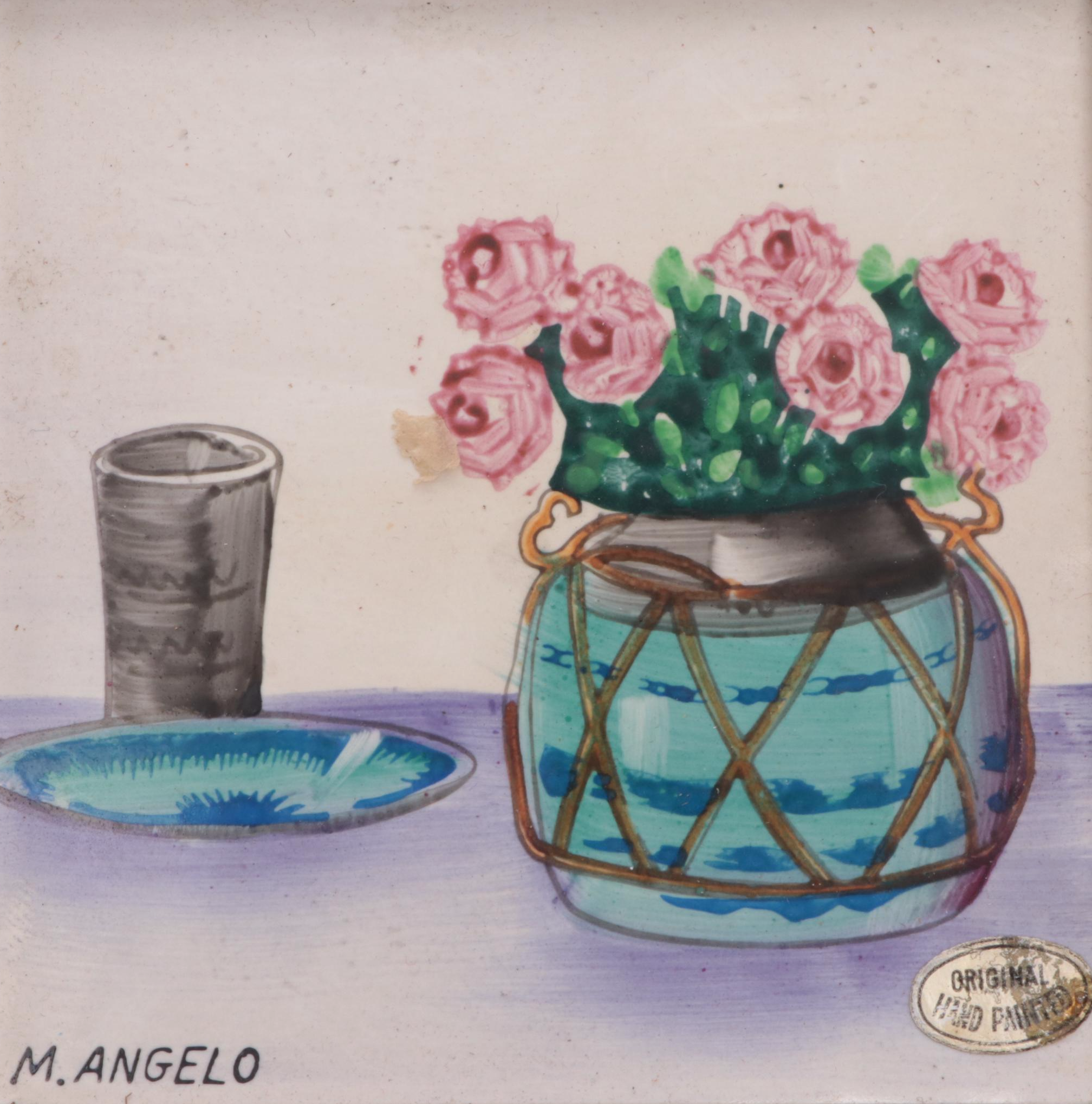 Japanese M. Angelo Hand-Painted Still Life Ceramic Tiles in Frames