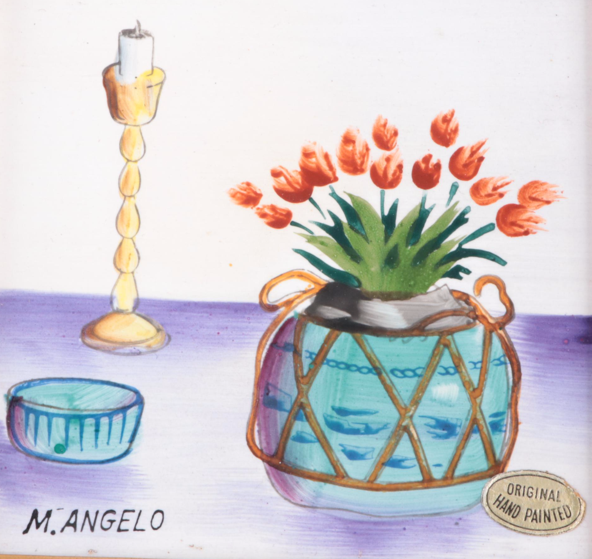 Japanese M. Angelo Hand-Painted Still Life Ceramic Tiles in Frames