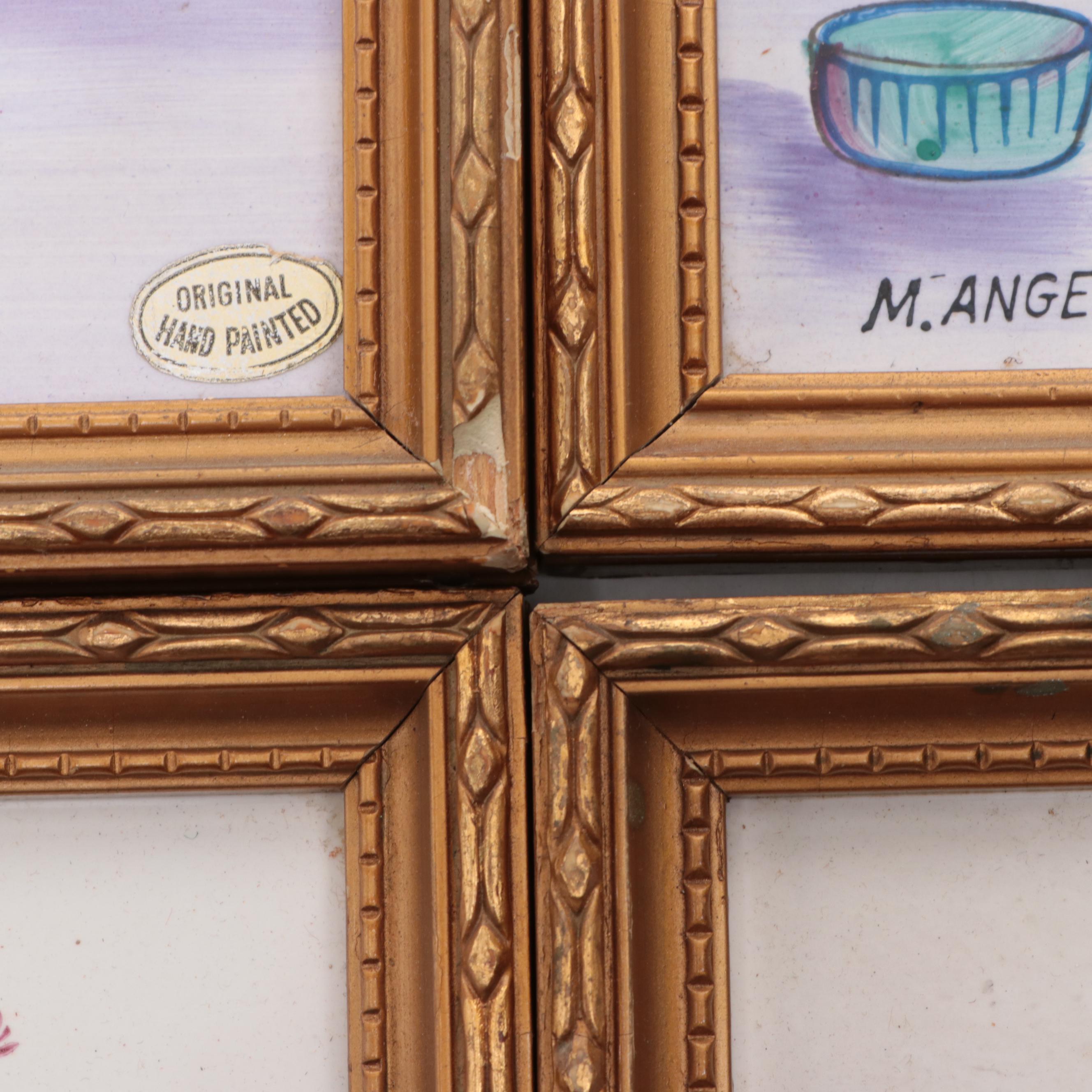 Japanese M. Angelo Hand-Painted Still Life Ceramic Tiles in Frames