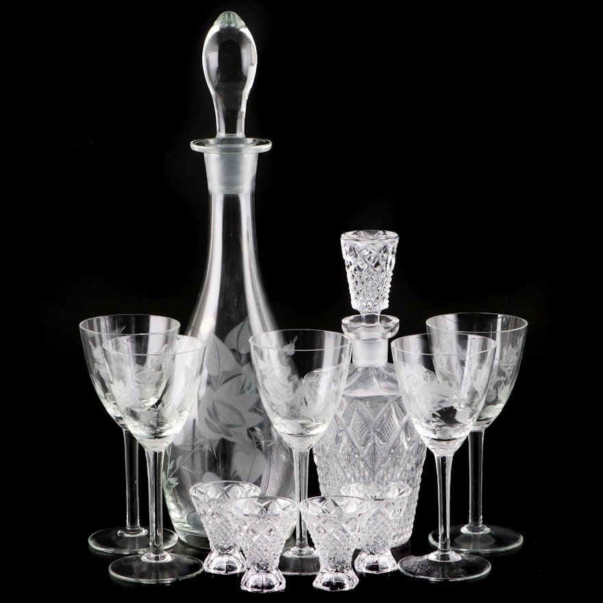 Romanian Acid Etched and Cut Crystal Decanter and Wine Glasses with Liqueur Set