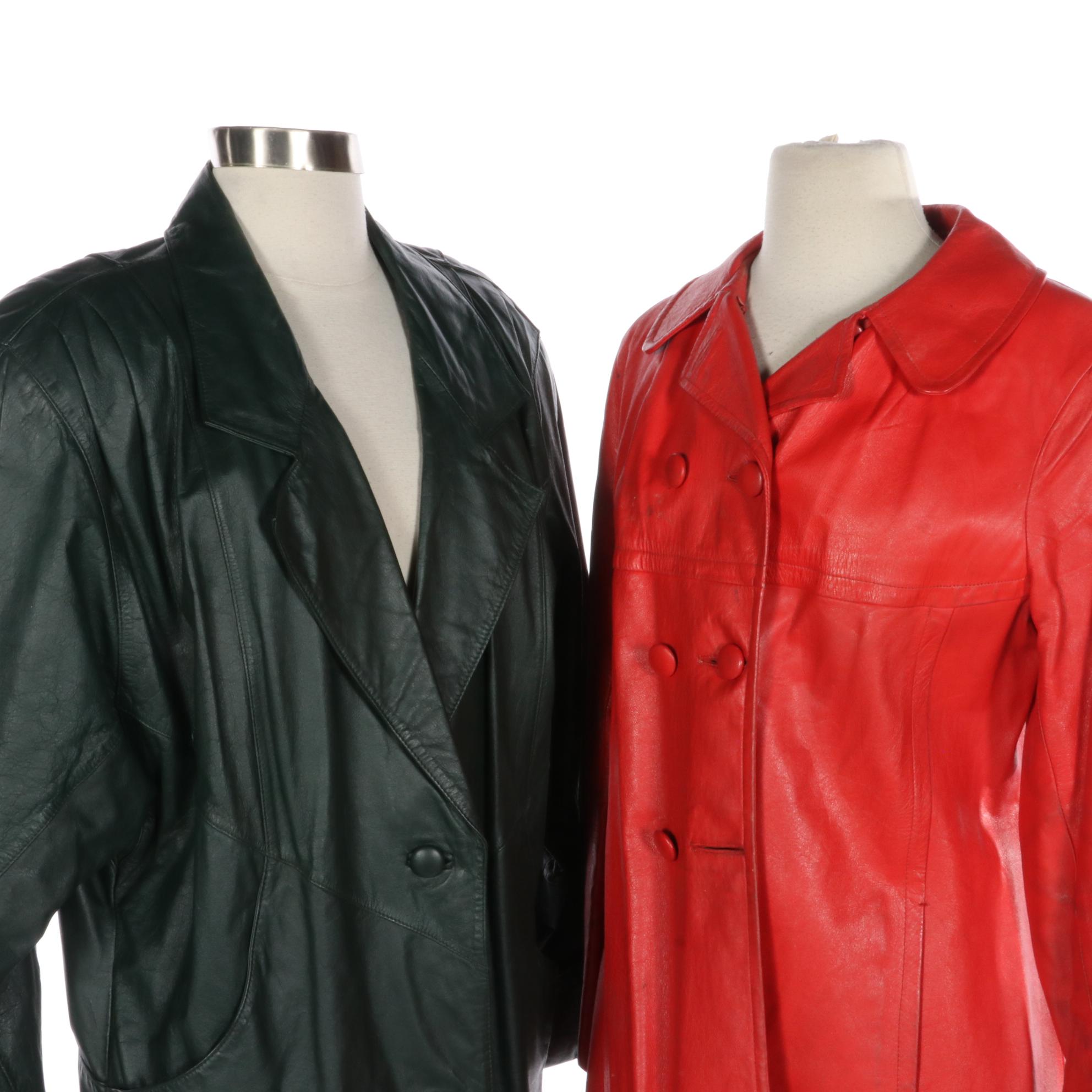 Avanti Oversized Dark Green Leather Coat with Other Red Faux Leather Coat