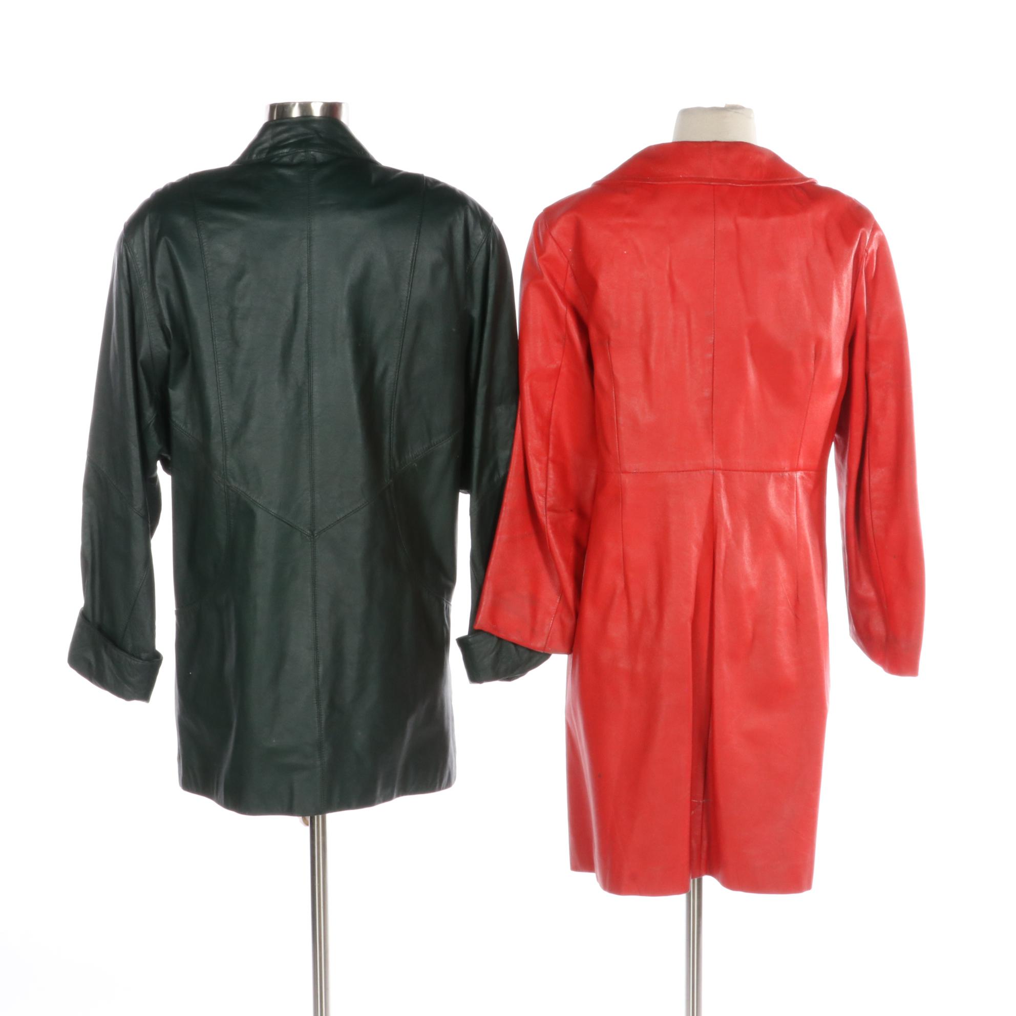 Avanti Oversized Dark Green Leather Coat with Other Red Faux Leather Coat