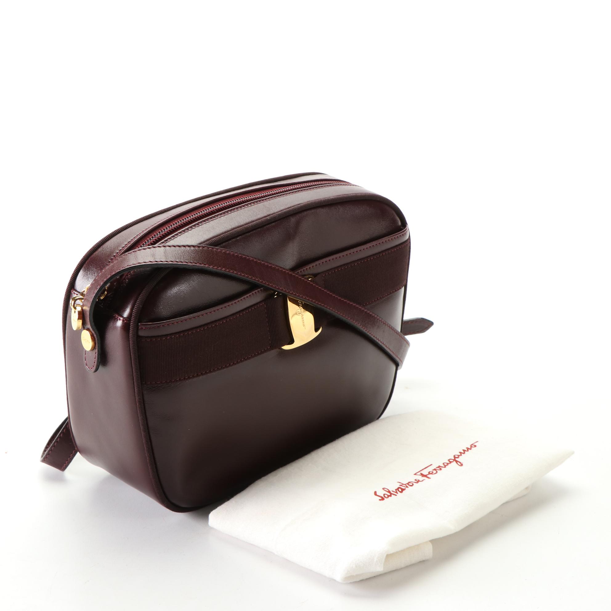 Salvatore Ferragamo Crossbody Bag in Smooth Burgundy Calfskin Leather with Box
