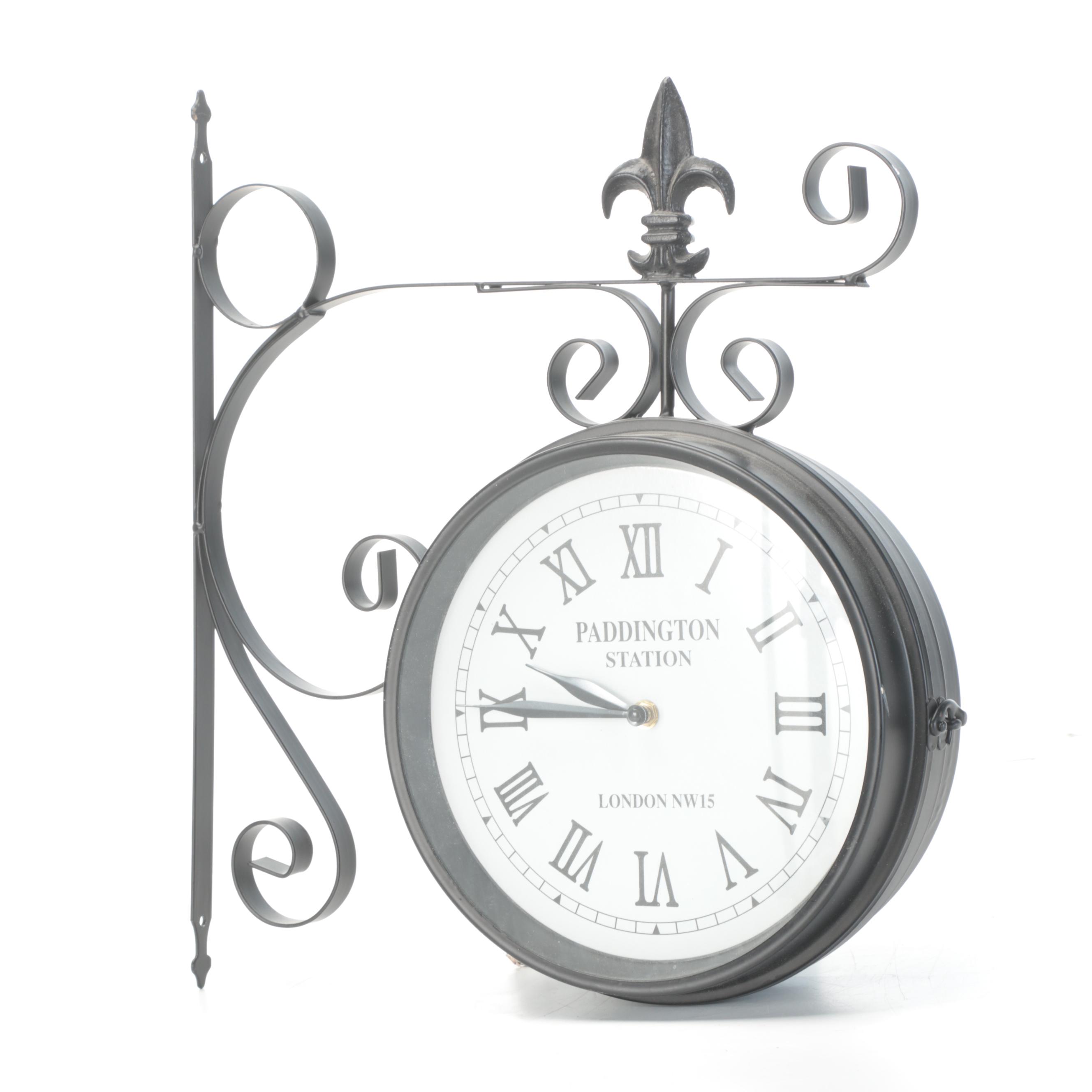 Contemporary Hanging Clock With Scrolled Metal and Sun Shaped Wall Accents