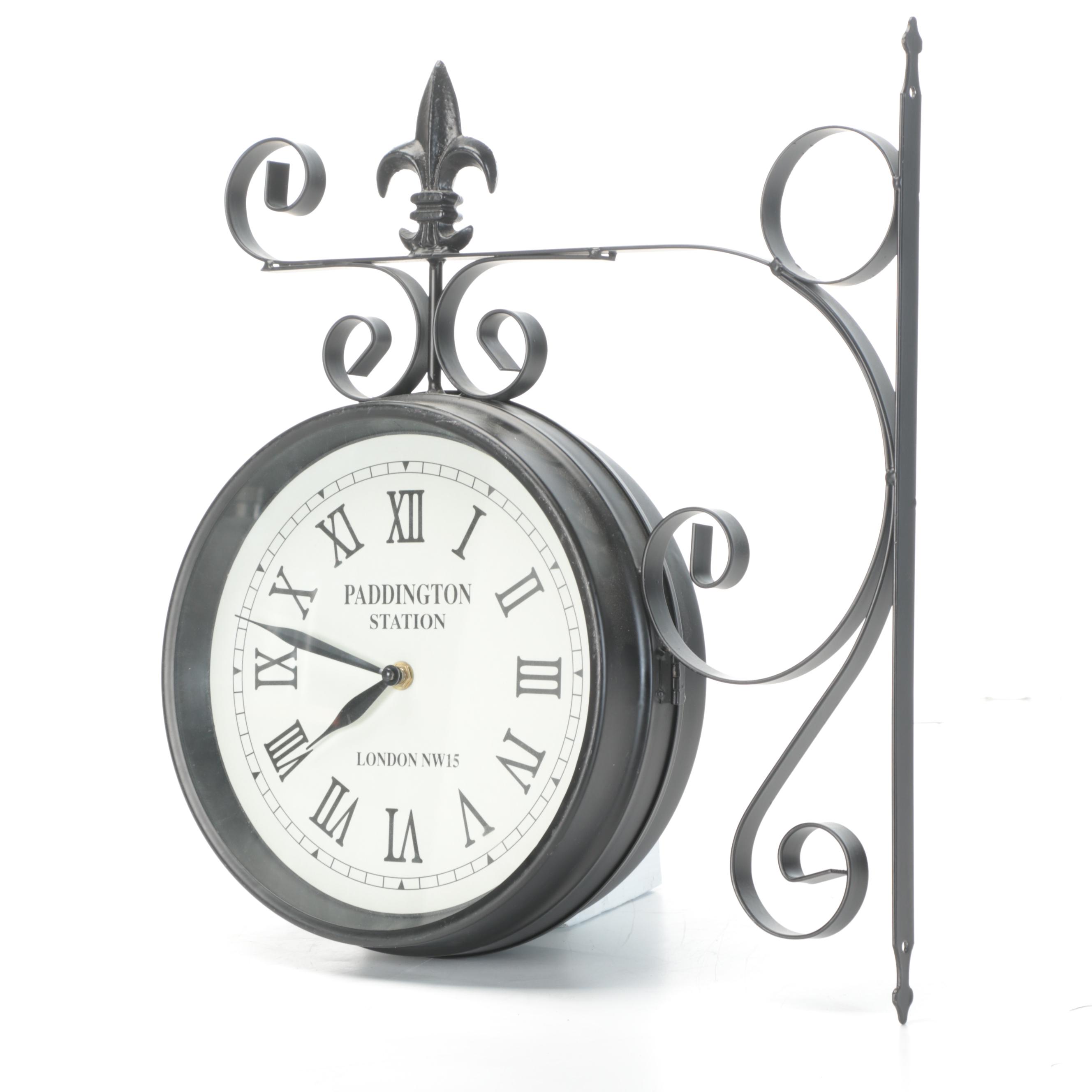 Contemporary Hanging Clock With Scrolled Metal and Sun Shaped Wall Accents
