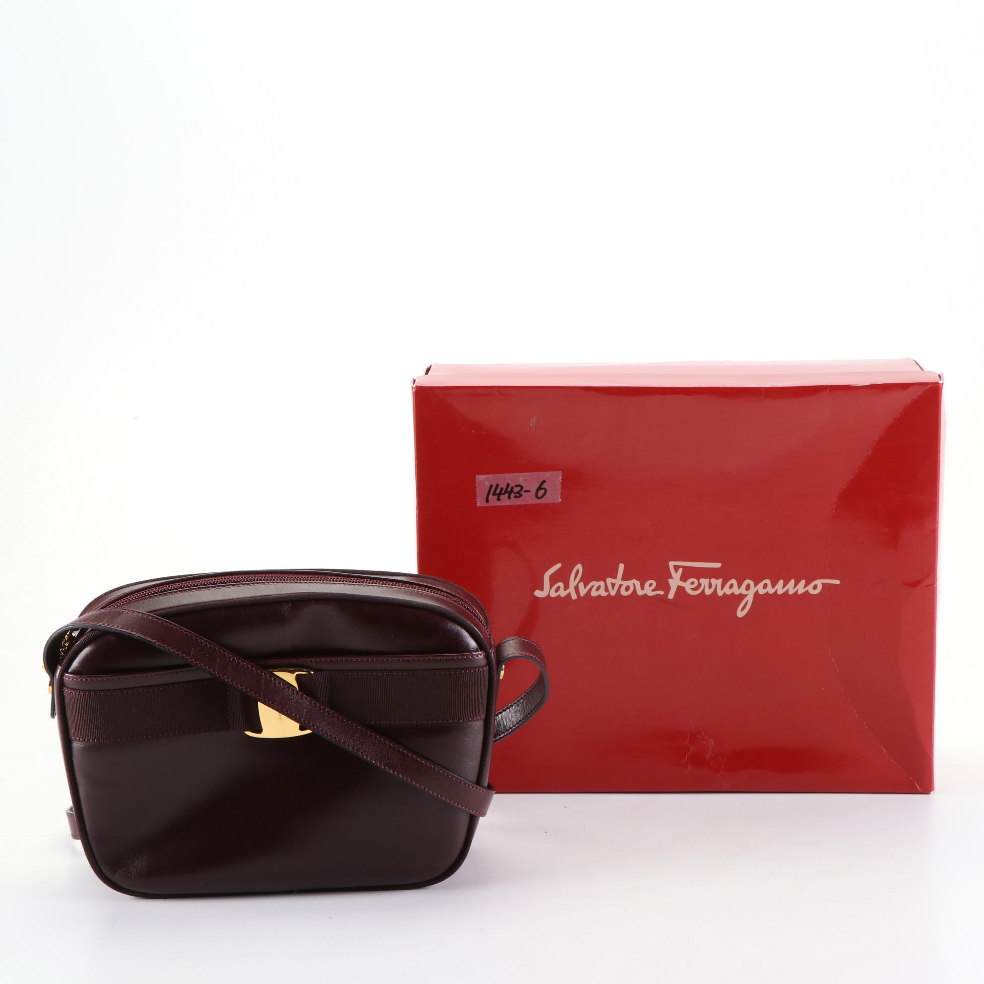 Salvatore Ferragamo Crossbody Bag in Smooth Burgundy Calfskin Leather with Box