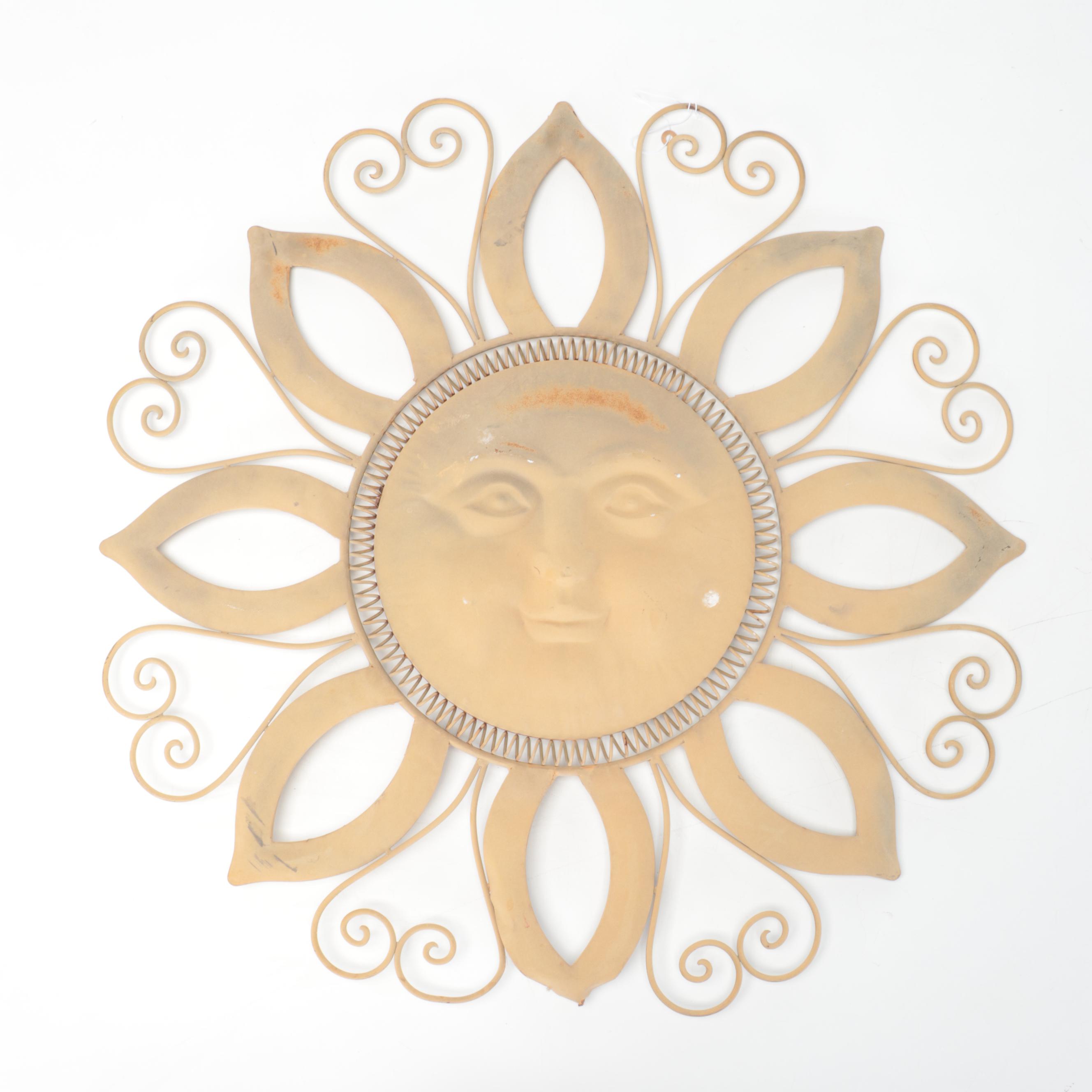 Contemporary Hanging Clock With Scrolled Metal and Sun Shaped Wall Accents