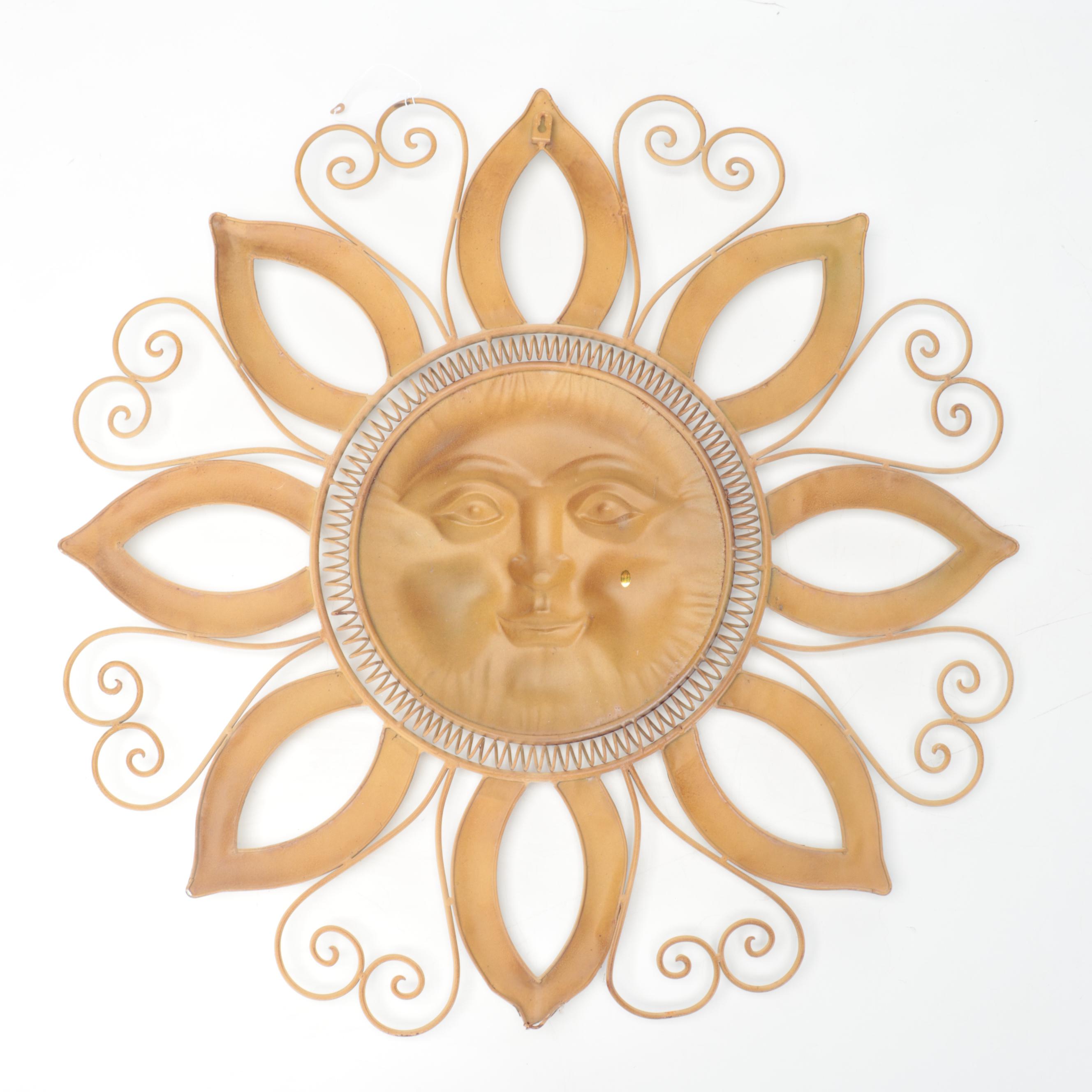 Contemporary Hanging Clock With Scrolled Metal and Sun Shaped Wall Accents