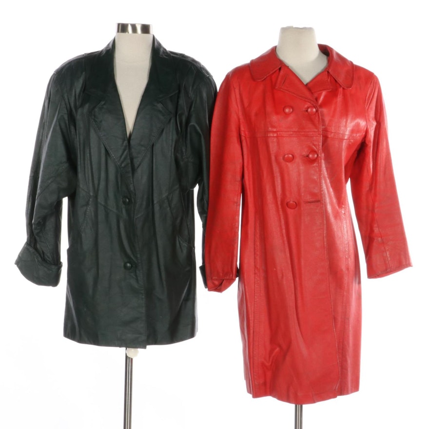 Avanti Oversized Dark Green Leather Coat with Other Red Faux Leather Coat