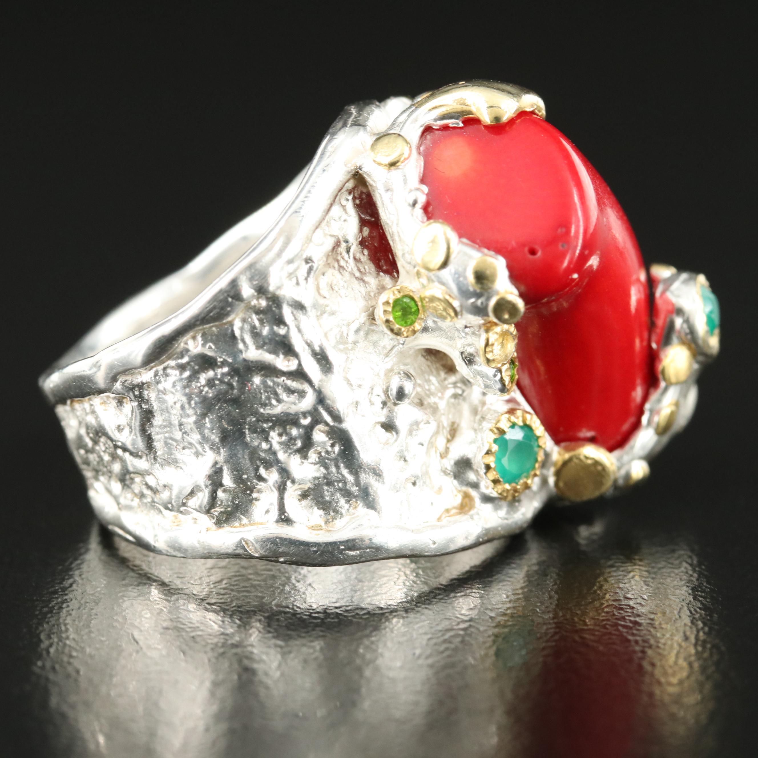 Sterling Coral and Chalcedony Ring
