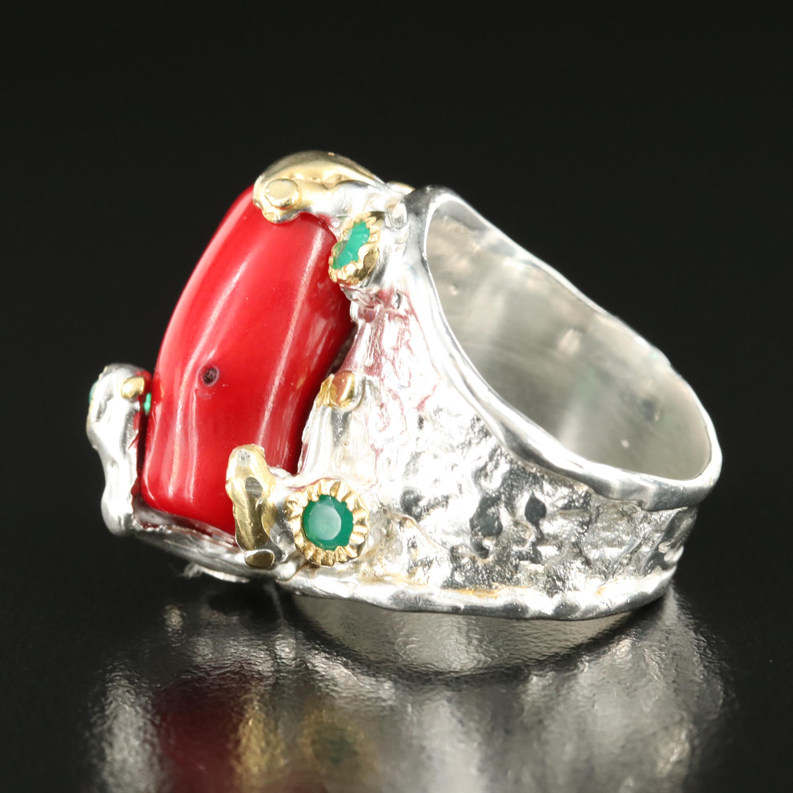 Sterling Coral and Chalcedony Ring