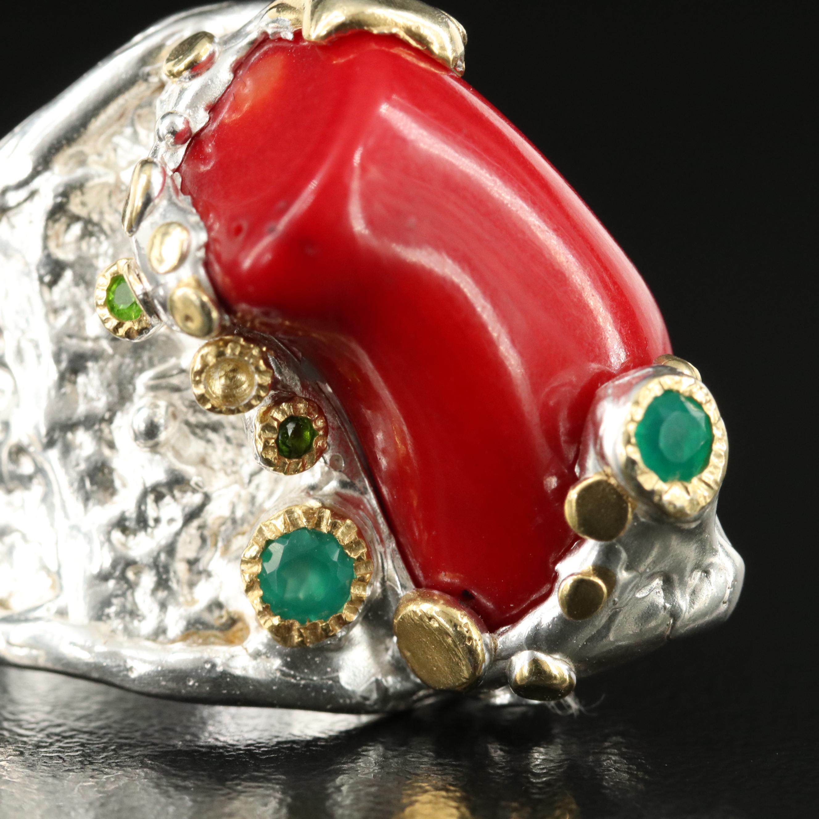 Sterling Coral and Chalcedony Ring