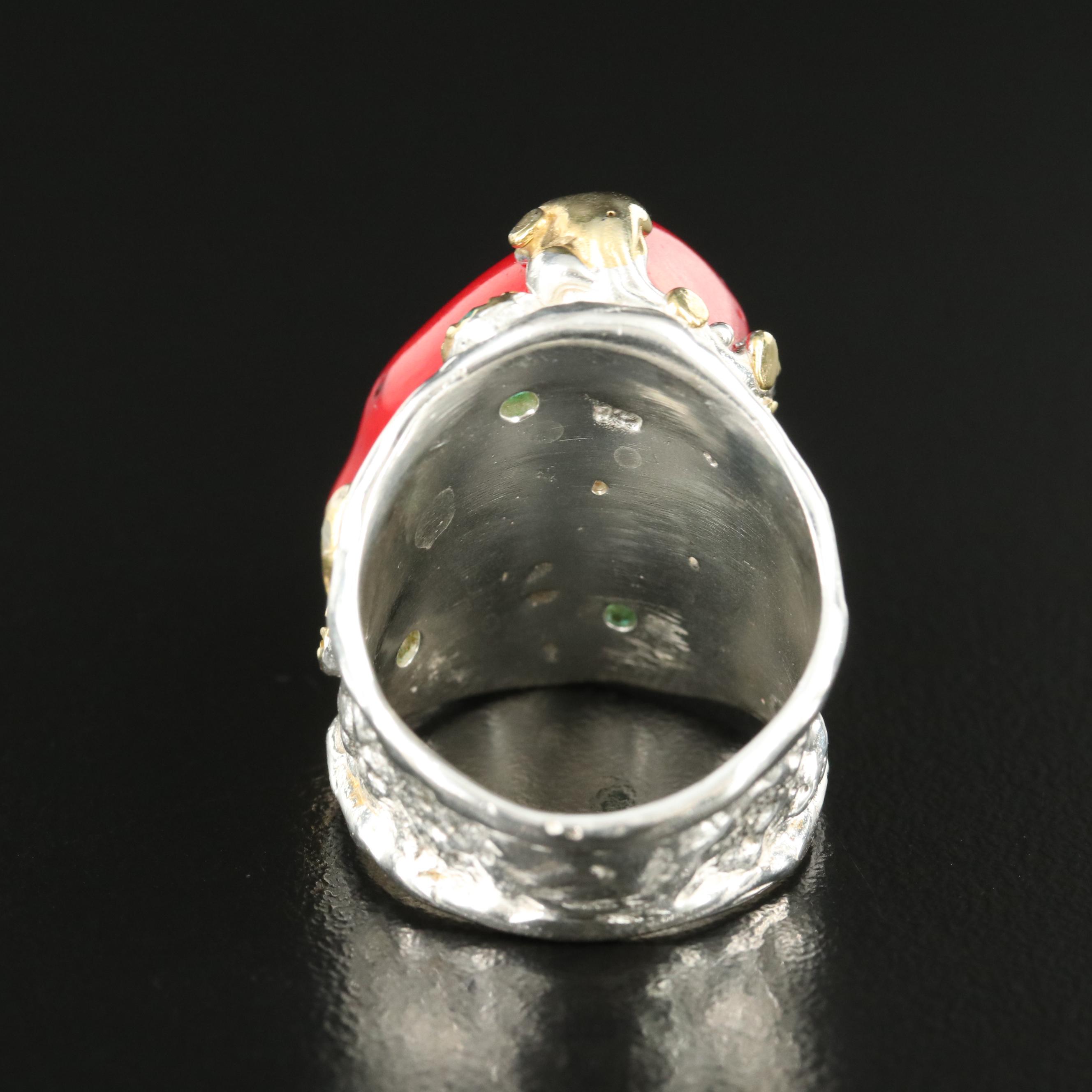 Sterling Coral and Chalcedony Ring