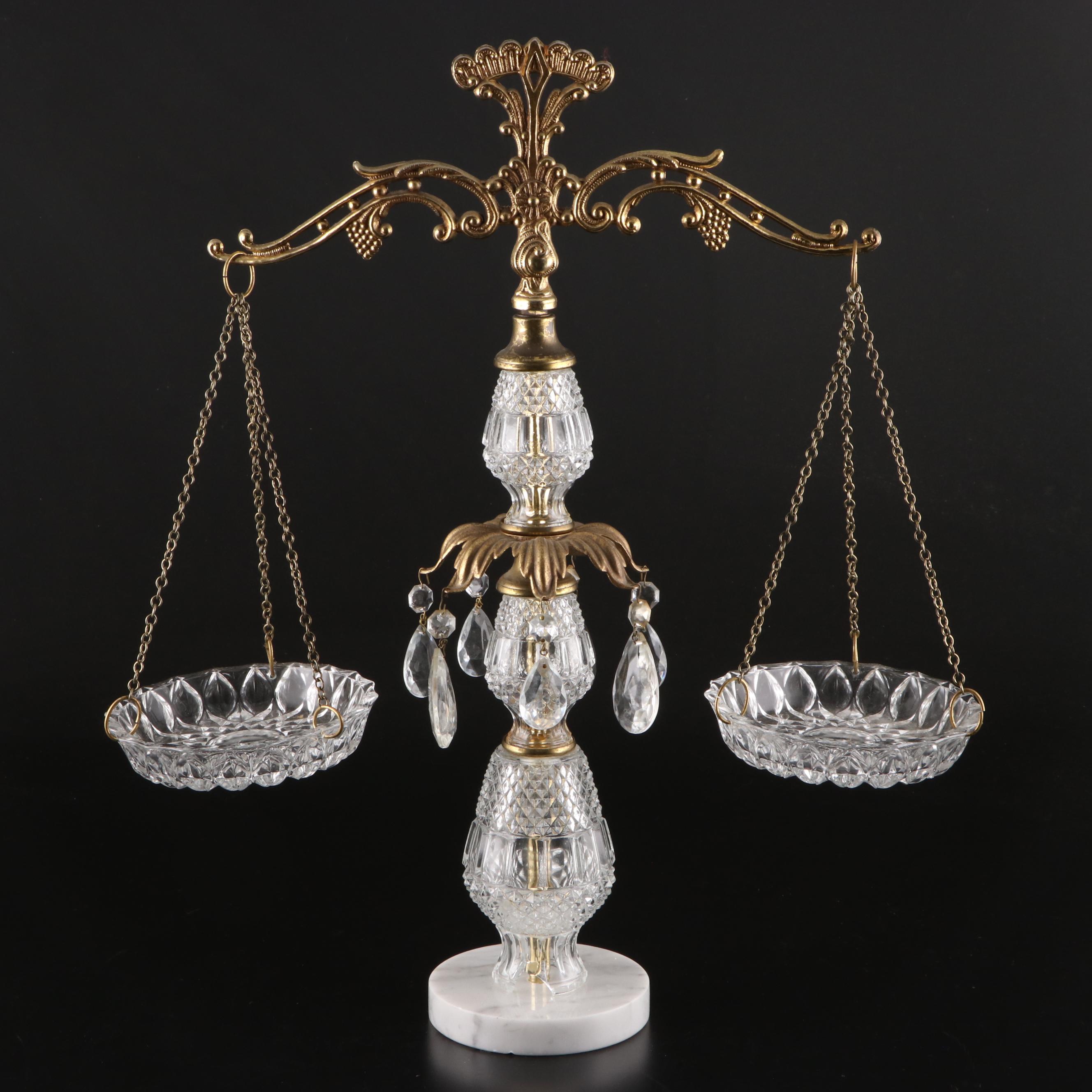 Hollywood Regency Style Pressed Glass Balancing Scale with Sconces