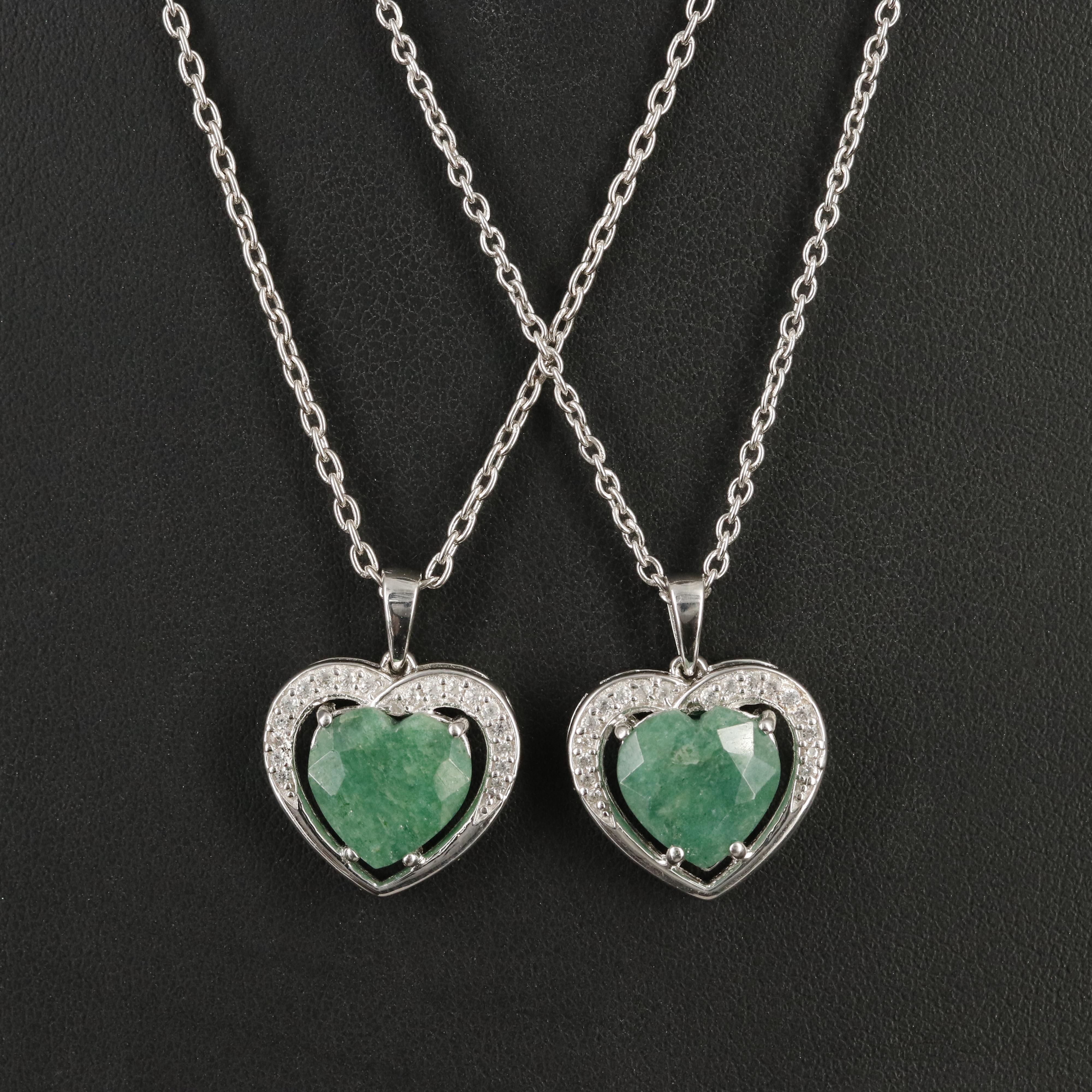 Sterling Emerald and White Topaz Heart Pendant Necklaces