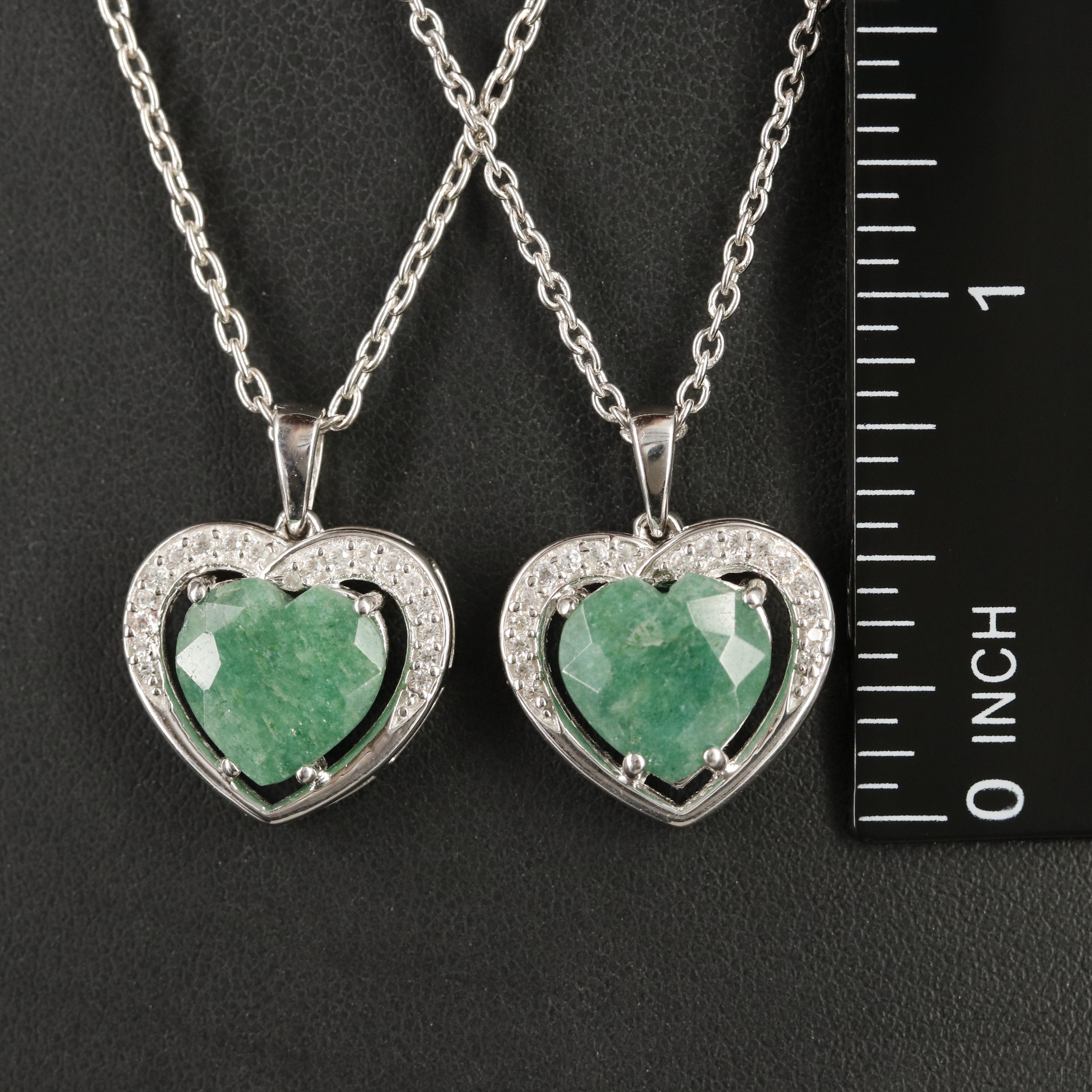 Sterling Emerald and White Topaz Heart Pendant Necklaces