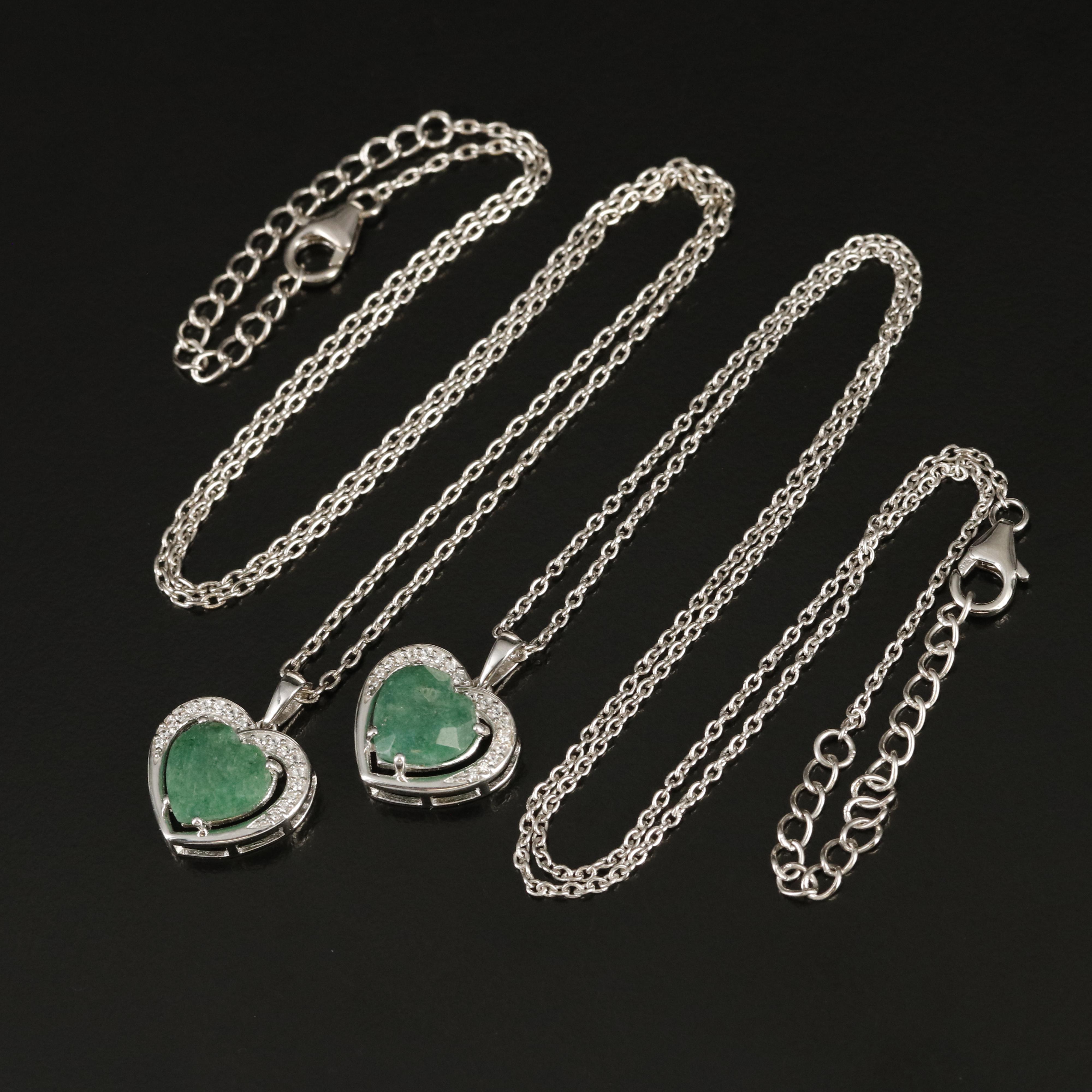 Sterling Emerald and White Topaz Heart Pendant Necklaces
