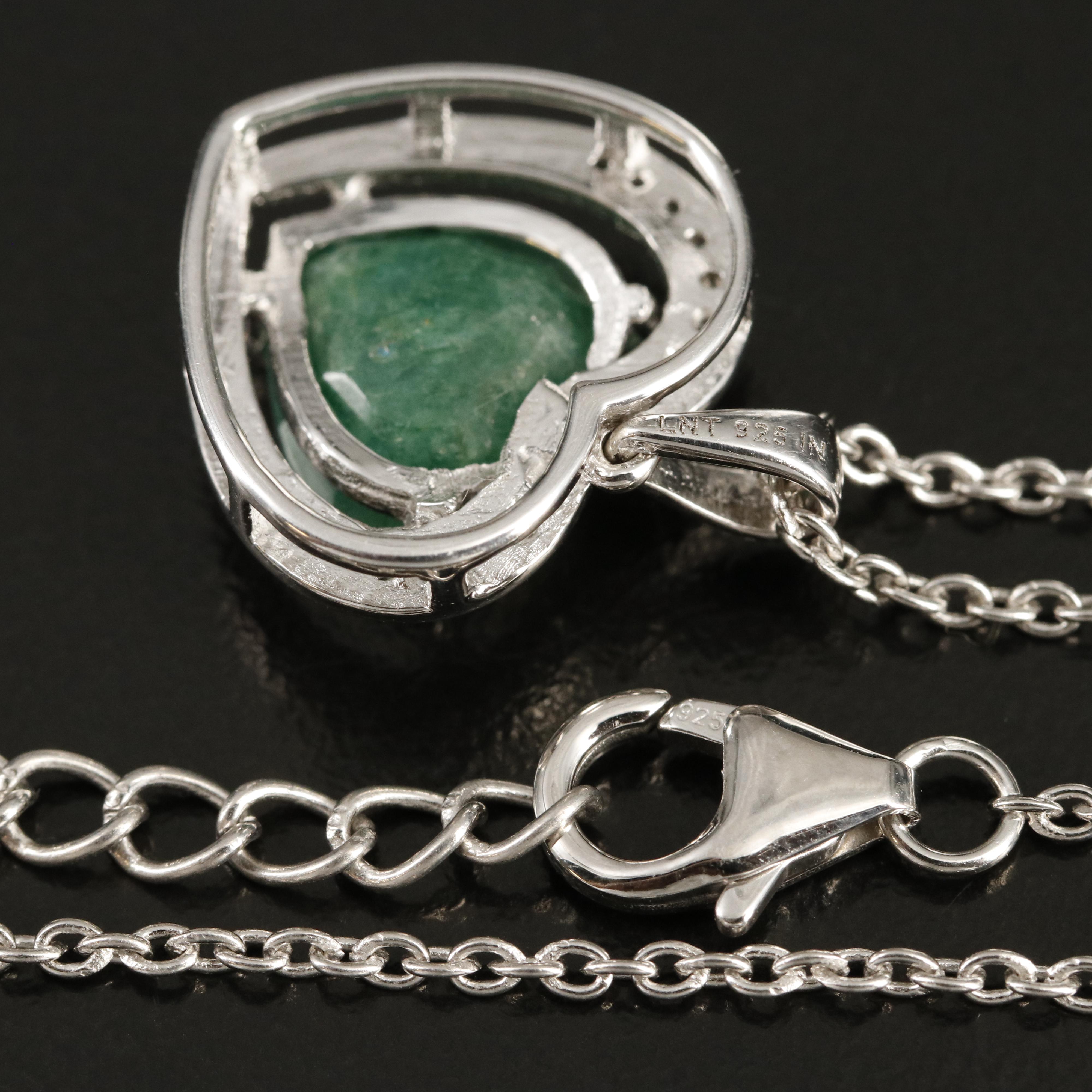 Sterling Emerald and White Topaz Heart Pendant Necklaces