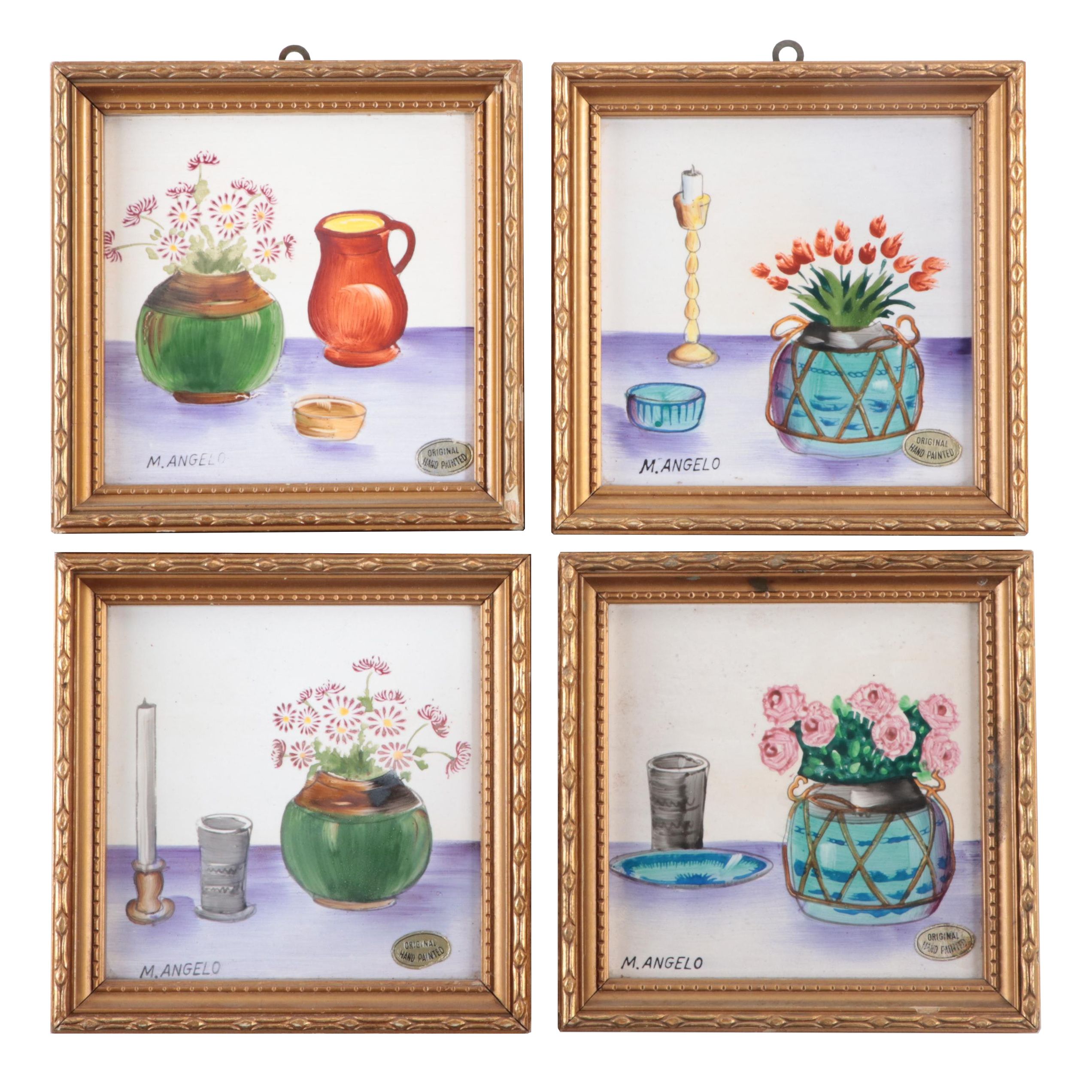 Japanese M. Angelo Hand-Painted Still Life Ceramic Tiles in Frames