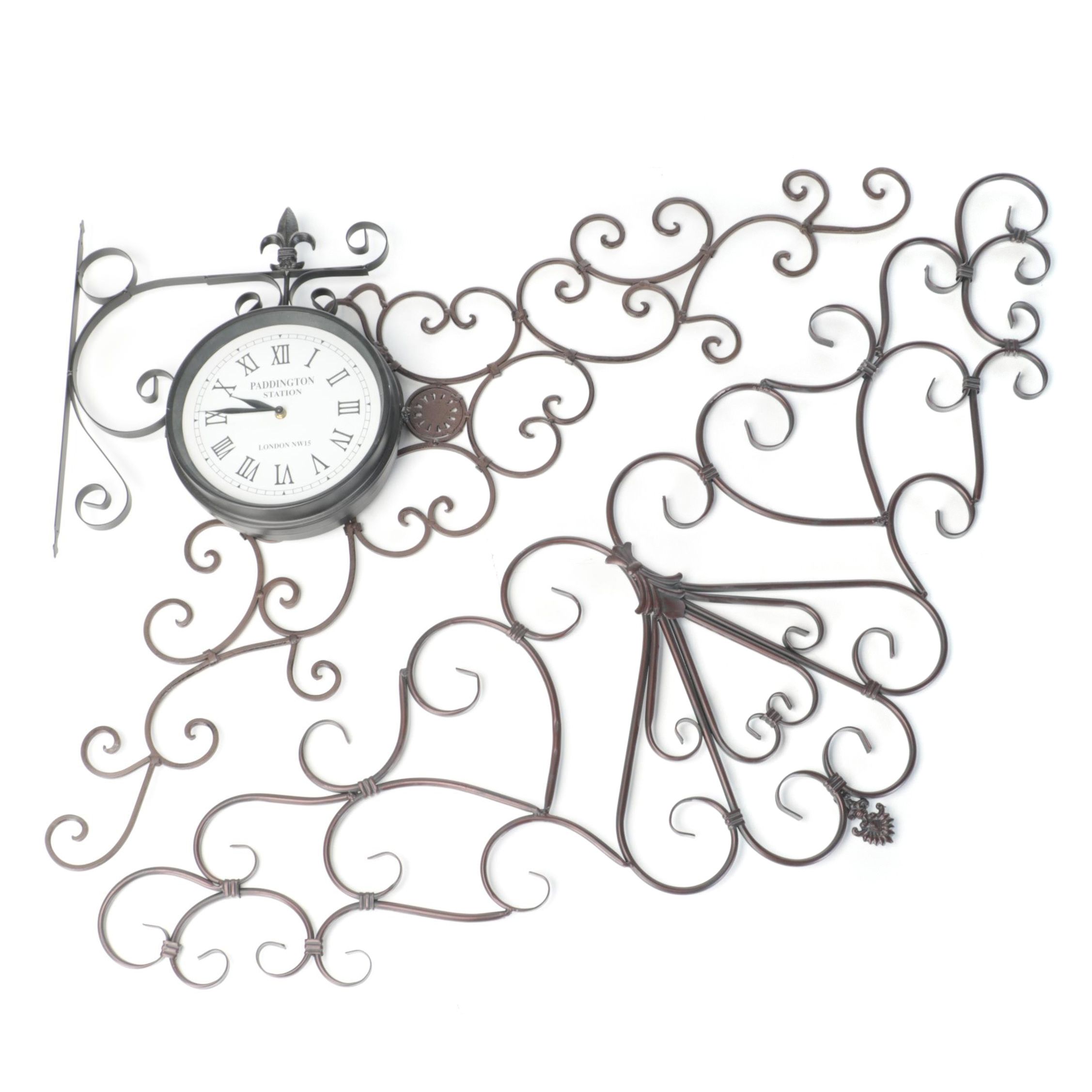 Contemporary Hanging Clock With Scrolled Metal and Sun Shaped Wall Accents