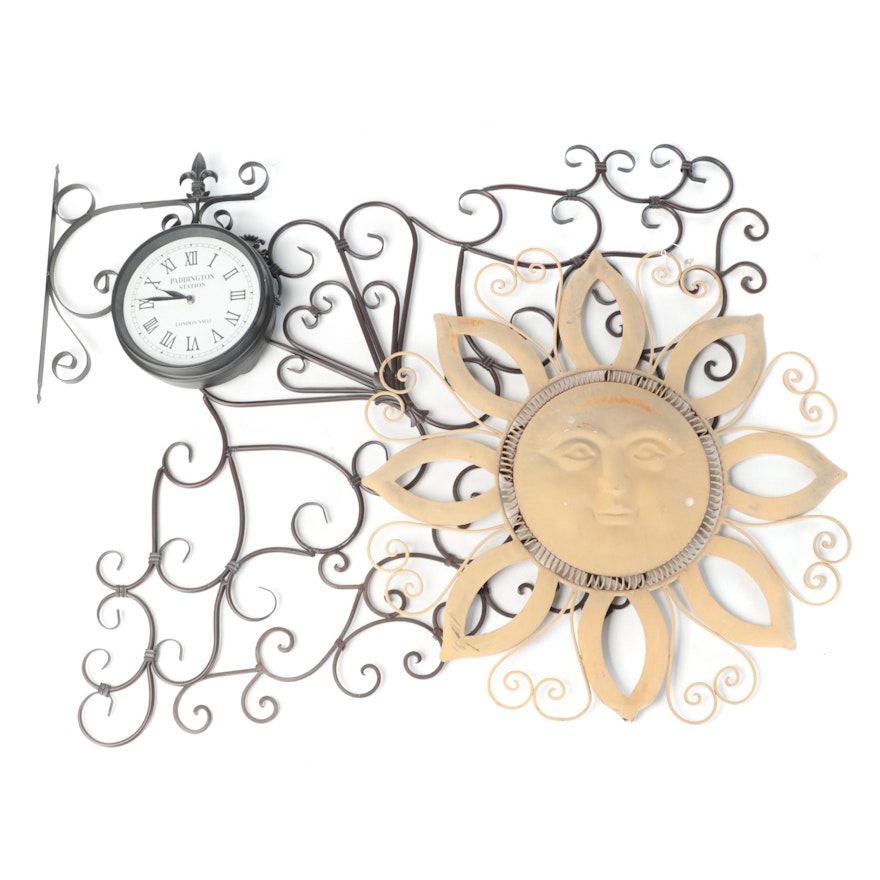 Contemporary Hanging Clock With Scrolled Metal and Sun Shaped Wall Accents