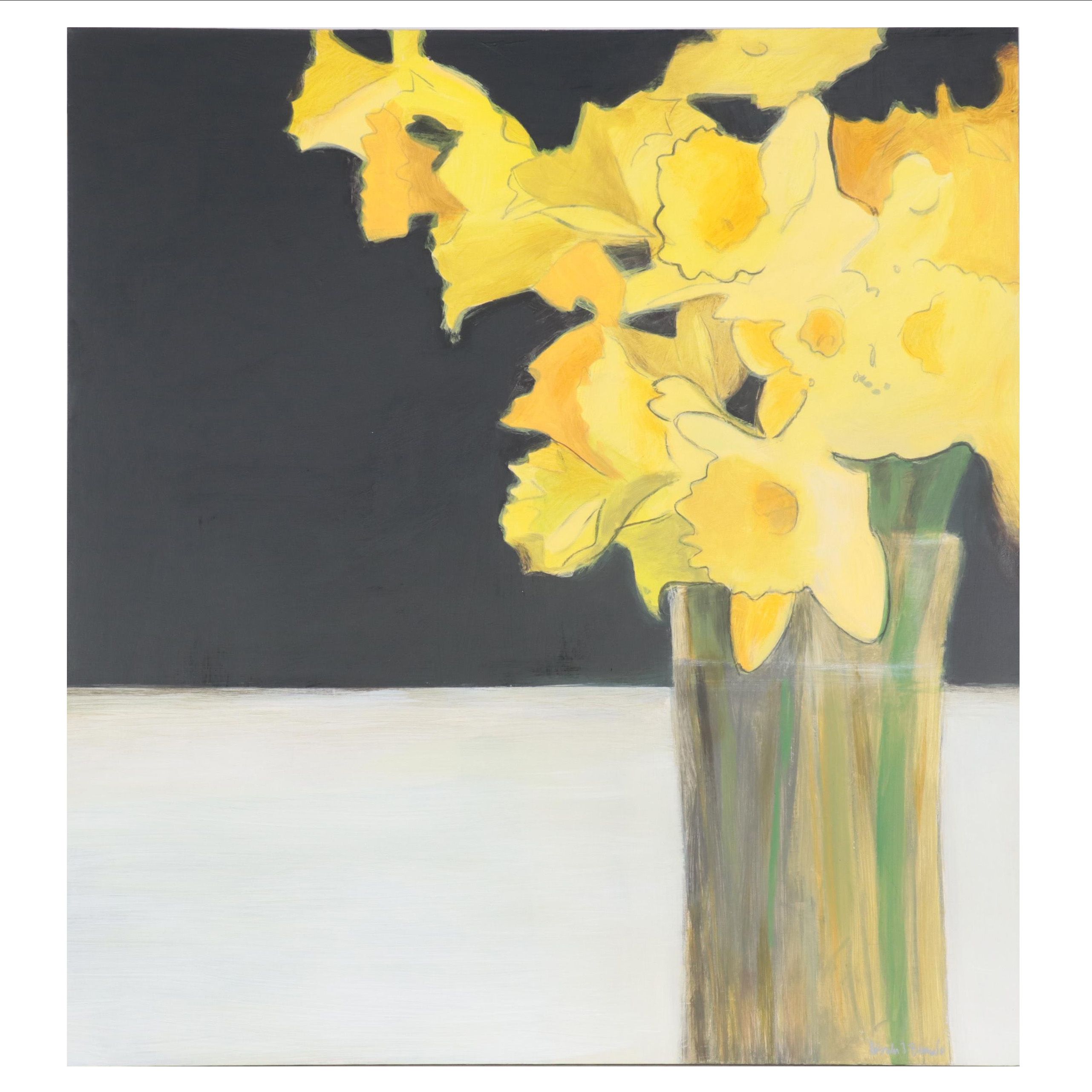 Ursula Brenner Daffodil Still Life Mixed Media Painting, 21st Century