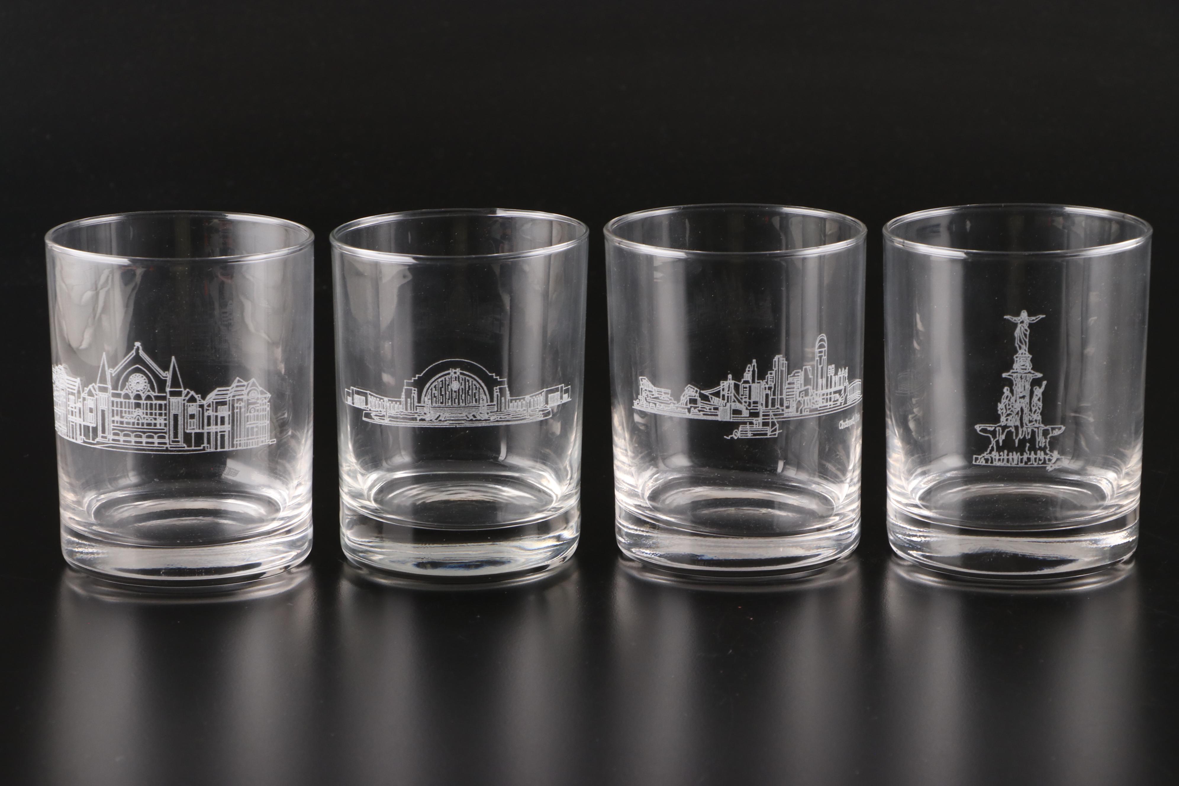 Gilson's "Cincinnati Scene" Double Old Fashioned Glasses and More Glass Tumblers