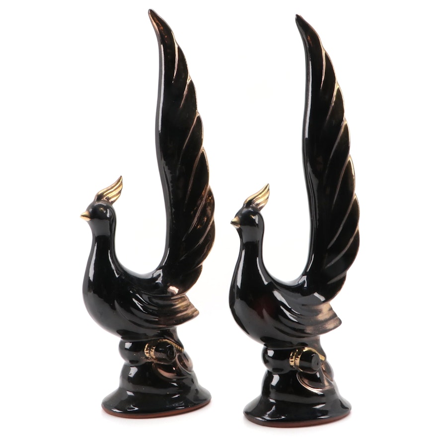 Sutton's Creation Gilt Accented Ceramic Phoenix Figurines, Mid to Late 20th C.