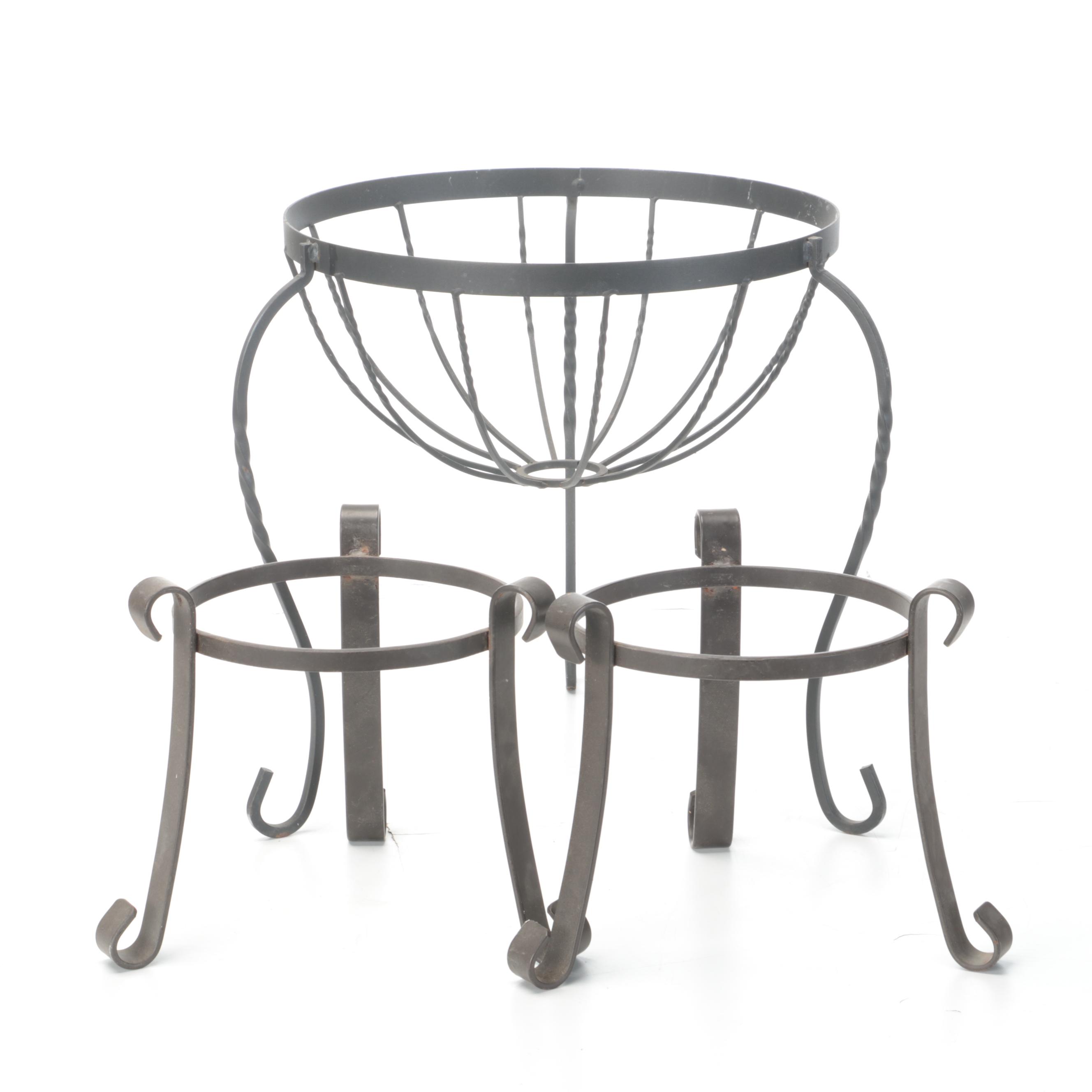 Scroll Wrought Metal Plant Stands with Flower Pot Trivets on Casters