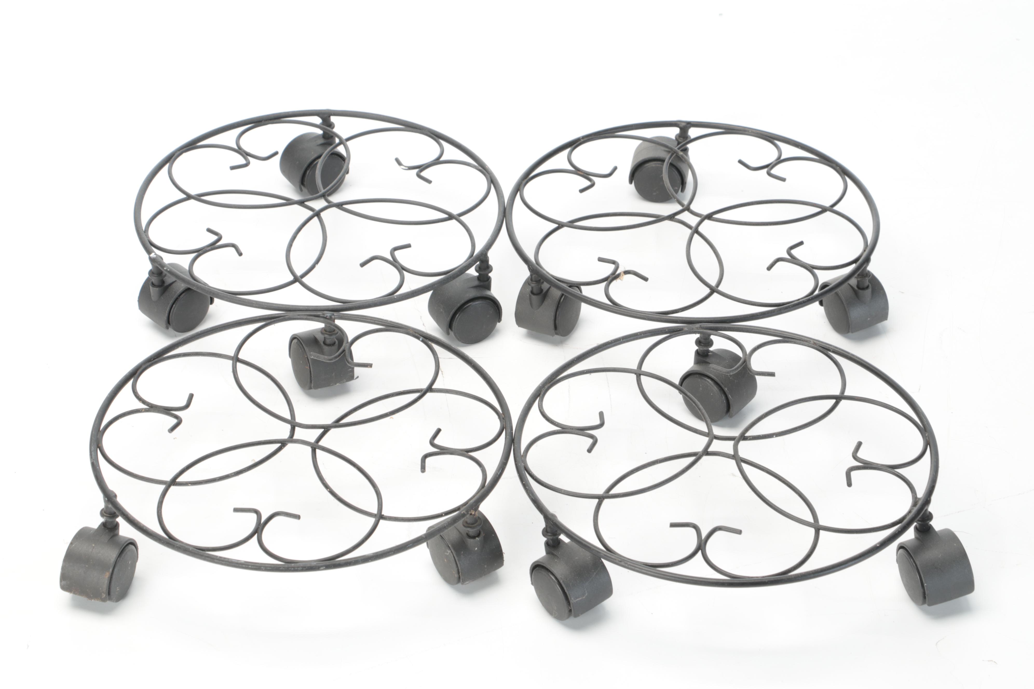 Scroll Wrought Metal Plant Stands with Flower Pot Trivets on Casters