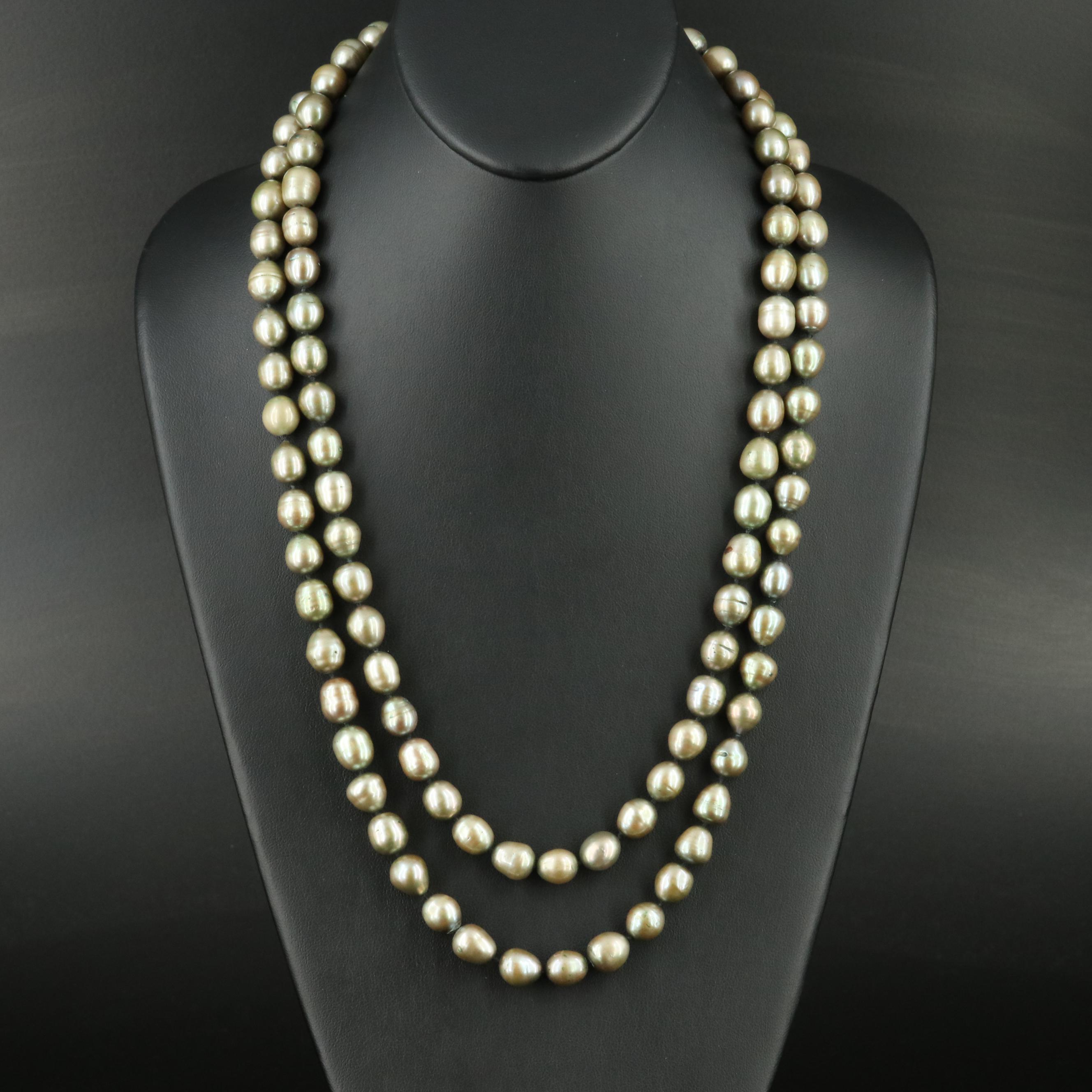 Rope Length Pearl Necklace with Sterling and Diamond Clasp